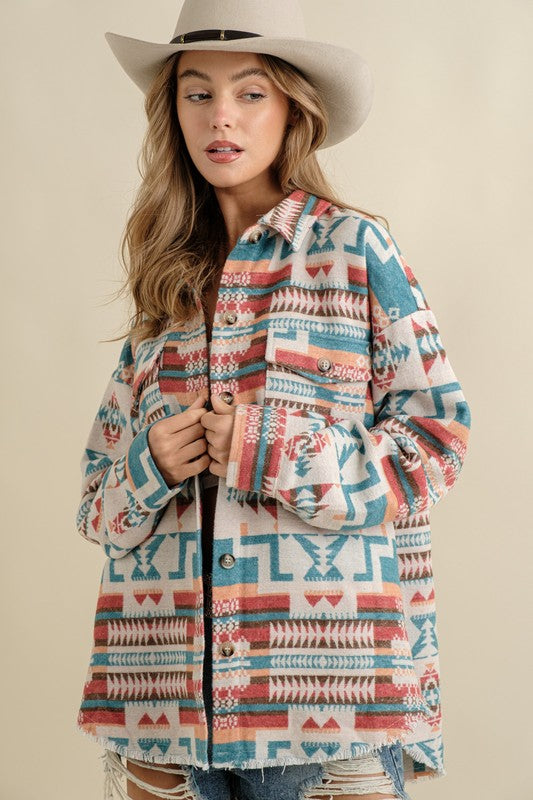 Frayed Aztec Western Shacket-TOPS / DRESSES-[Adult]-[Female]-Teal-S-2022 Online Blue Zone Planet