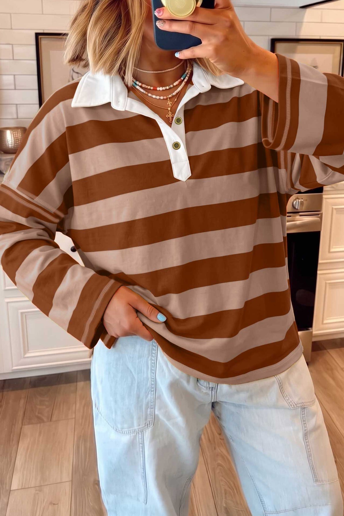 Brown Stripe Contrast Polo Collar Bracelet Sleeve Loose Top-Bracelet-[Adult]-[Female]-Brown Stripe-S-2022 Online Blue Zone Planet