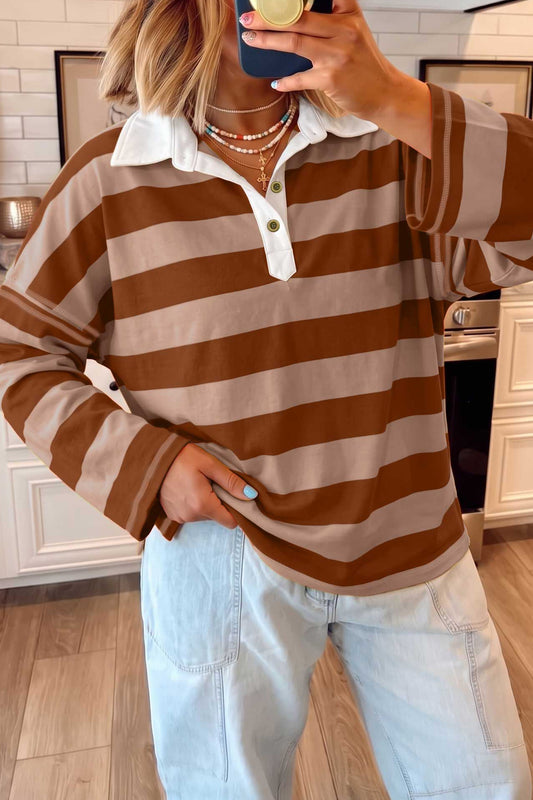 Brown Stripe Contrast Polo Collar Bracelet Sleeve Loose Top-Bracelet-[Adult]-[Female]-Brown Stripe-S-2022 Online Blue Zone Planet