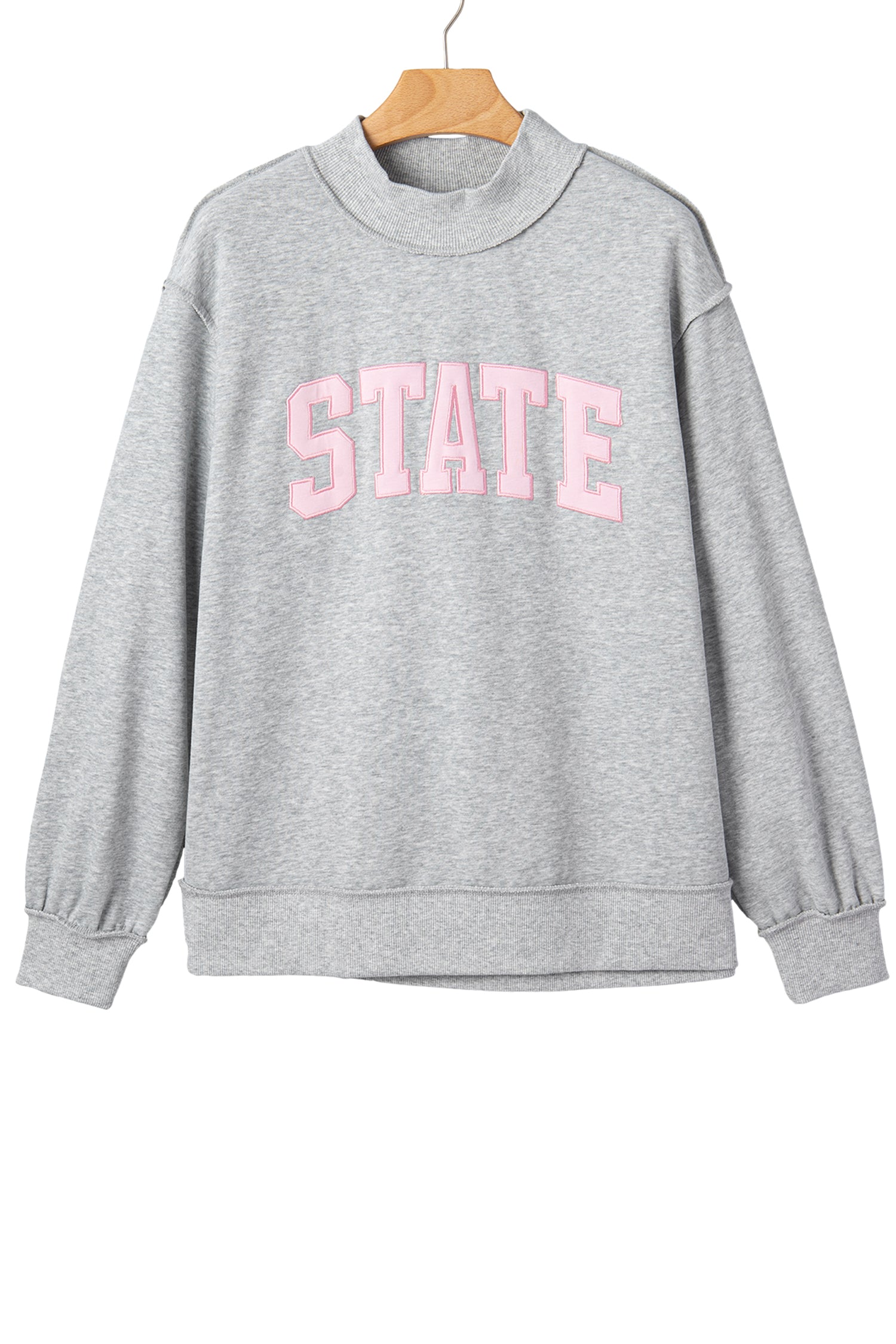 Light Grey Exposed Seam Mock Neck Letter Embroidered Loose Sweatshirt-Tops/Sweatshirts & Hoodies-[Adult]-[Female]-2022 Online Blue Zone Planet