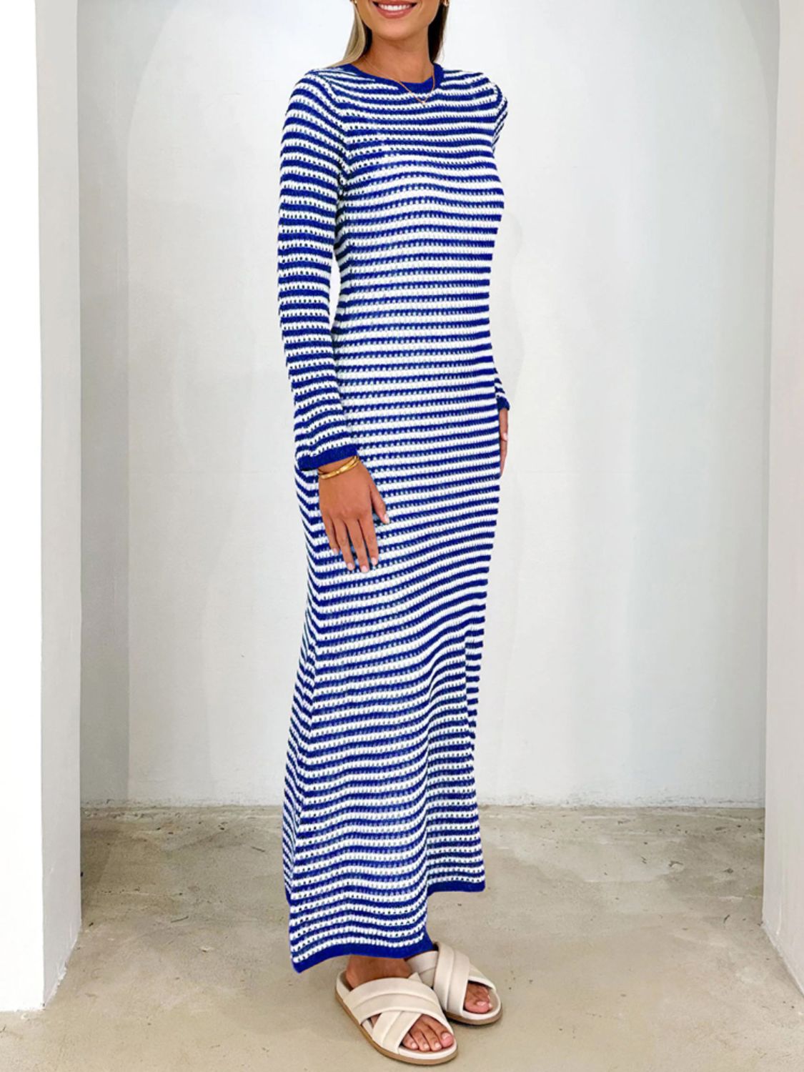 Devine Tied Round Neck Striped Sweater Dress-TOPS / DRESSES-[Adult]-[Female]-2022 Online Blue Zone Planet