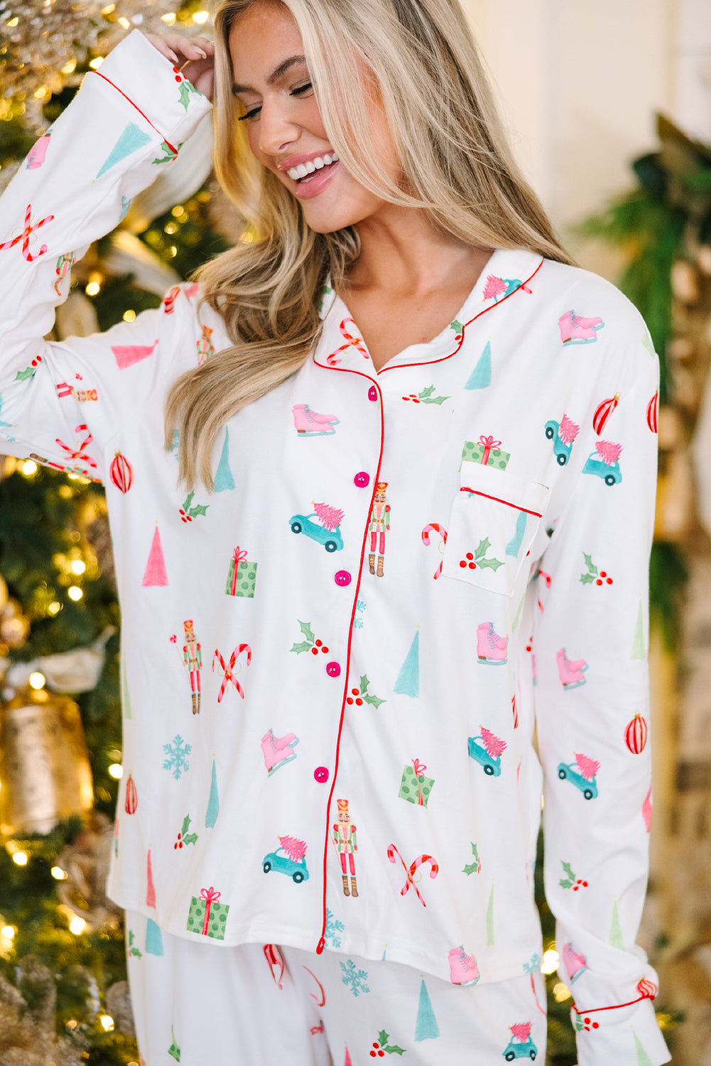 White Christmas Print Lapel Shirt and Pants Pajama Set-Loungewear Set-[Adult]-[Female]-2022 Online Blue Zone Planet