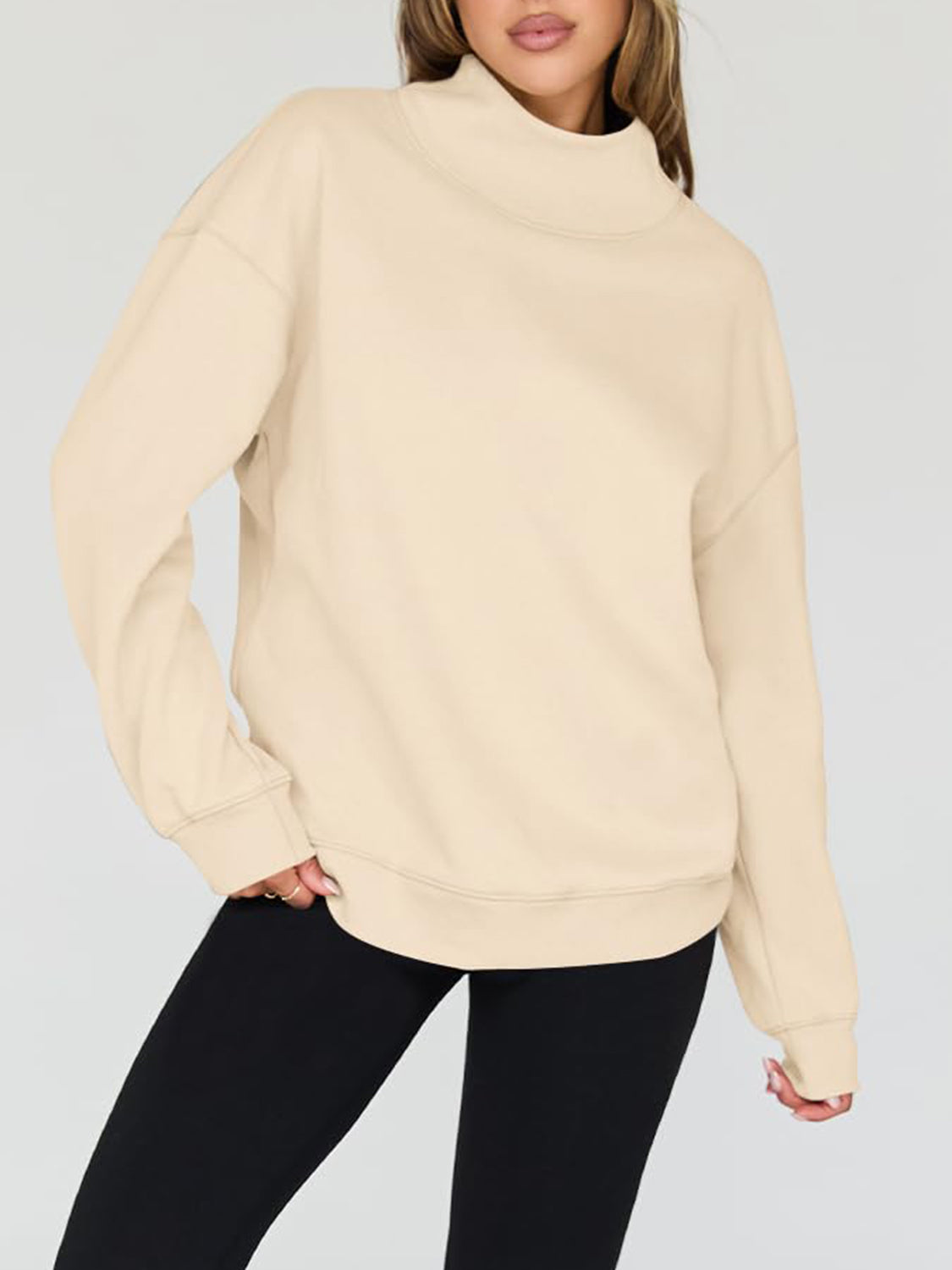 Blue Zone Planet | Mock Neck Drop Shoulder Long Sleeve Sweatshirt-TOPS / DRESSES-[Adult]-[Female]-2022 Online Blue Zone Planet