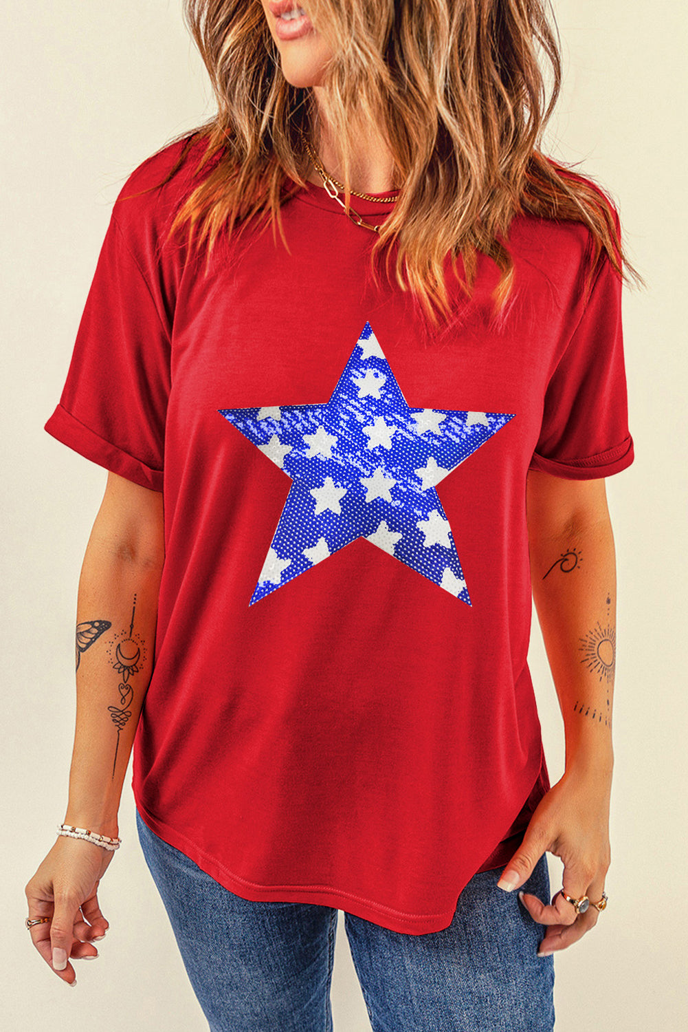 Red Sequin Star Graphic Crewneck T Shirt-Graphic/Graphic Tees-[Adult]-[Female]-2022 Online Blue Zone Planet