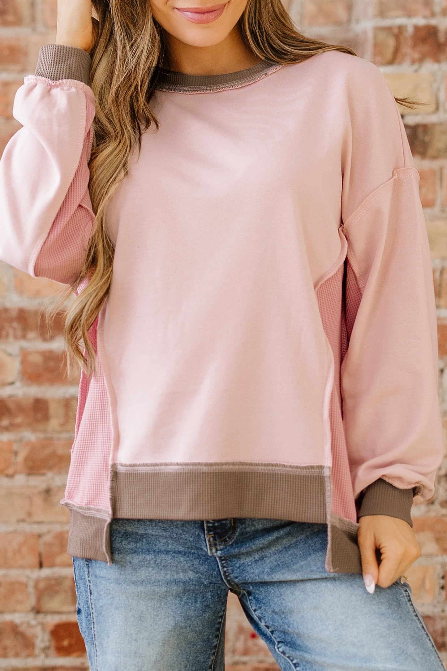 Light Pink Color Block Mix Texture Waffle Patchwork Oversize Sweatshirt-Tops/Sweatshirts & Hoodies-[Adult]-[Female]-2022 Online Blue Zone Planet