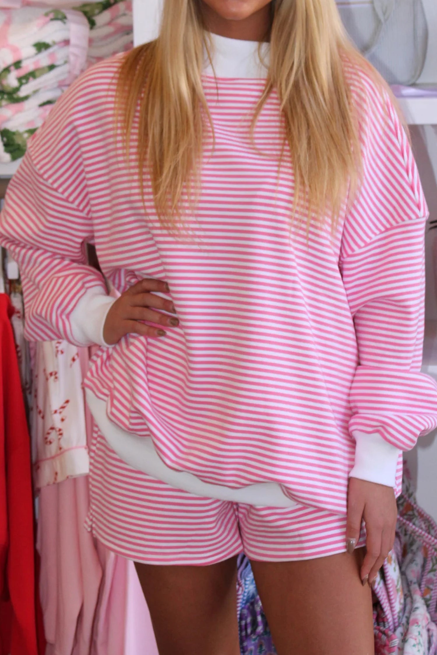 Pink Stripe Oversize Mock Neck Sweatshirt and Shorts Set-Two Piece Sets/Short Sets-[Adult]-[Female]-2022 Online Blue Zone Planet