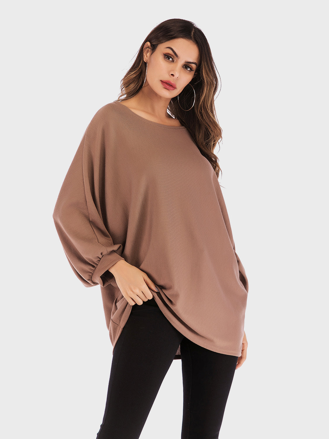 Blue Zone Planet | Perfee Round Neck Batwing Sleeve T-Shirt-TOPS / DRESSES-[Adult]-[Female]-Caramel-One Size-2022 Online Blue Zone Planet