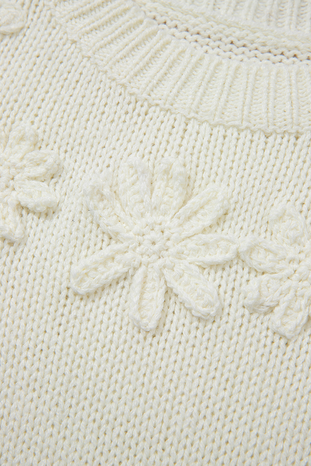 White Flower Detail Round Neck Contrast Textured Puff Sleeve Sweater-TOPS / DRESSES-[Adult]-[Female]-2022 Online Blue Zone Planet
