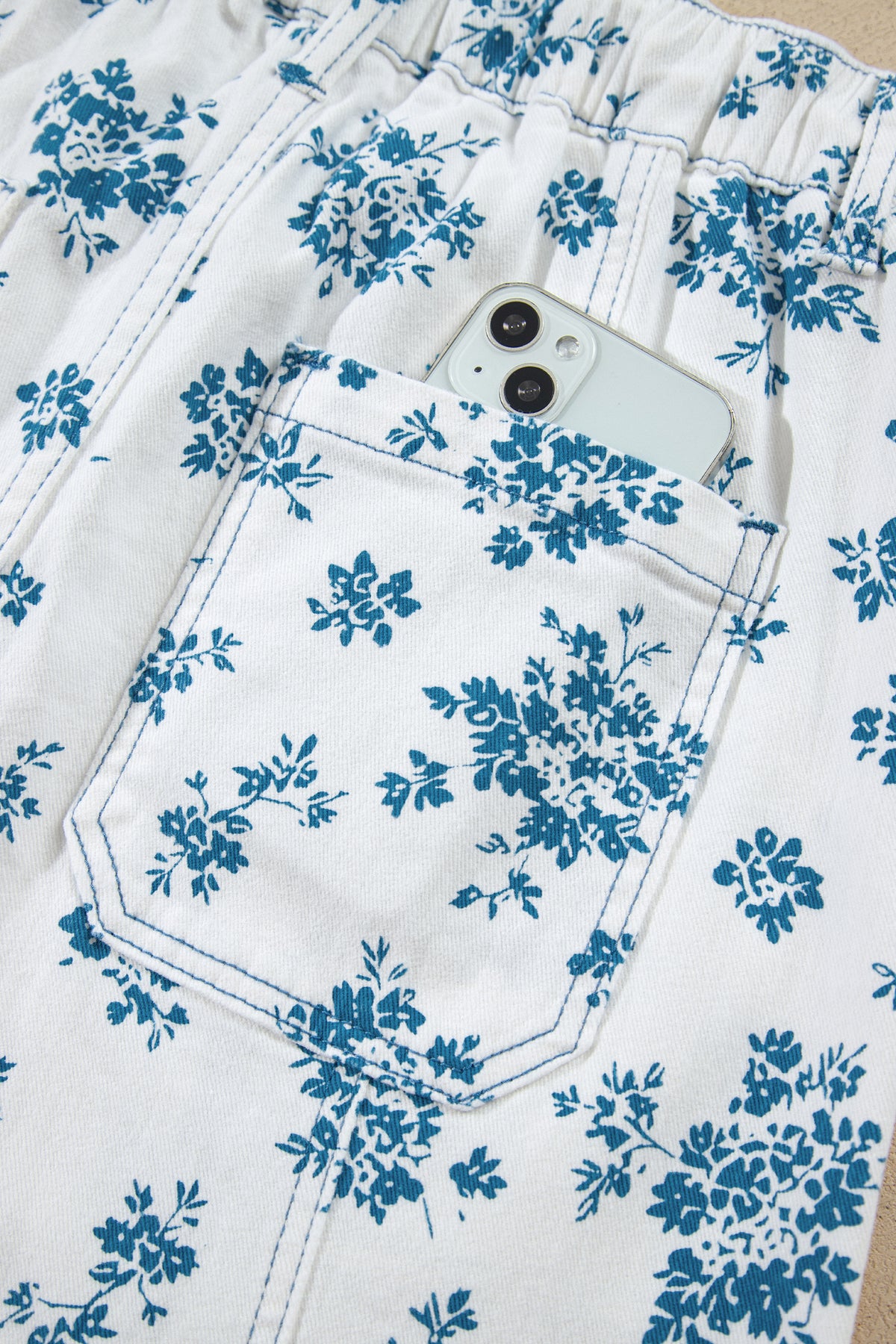 Sky Blue Floral Print Tie Waist Straight Leg Jeans-Bottoms/Jeans-[Adult]-[Female]-2022 Online Blue Zone Planet