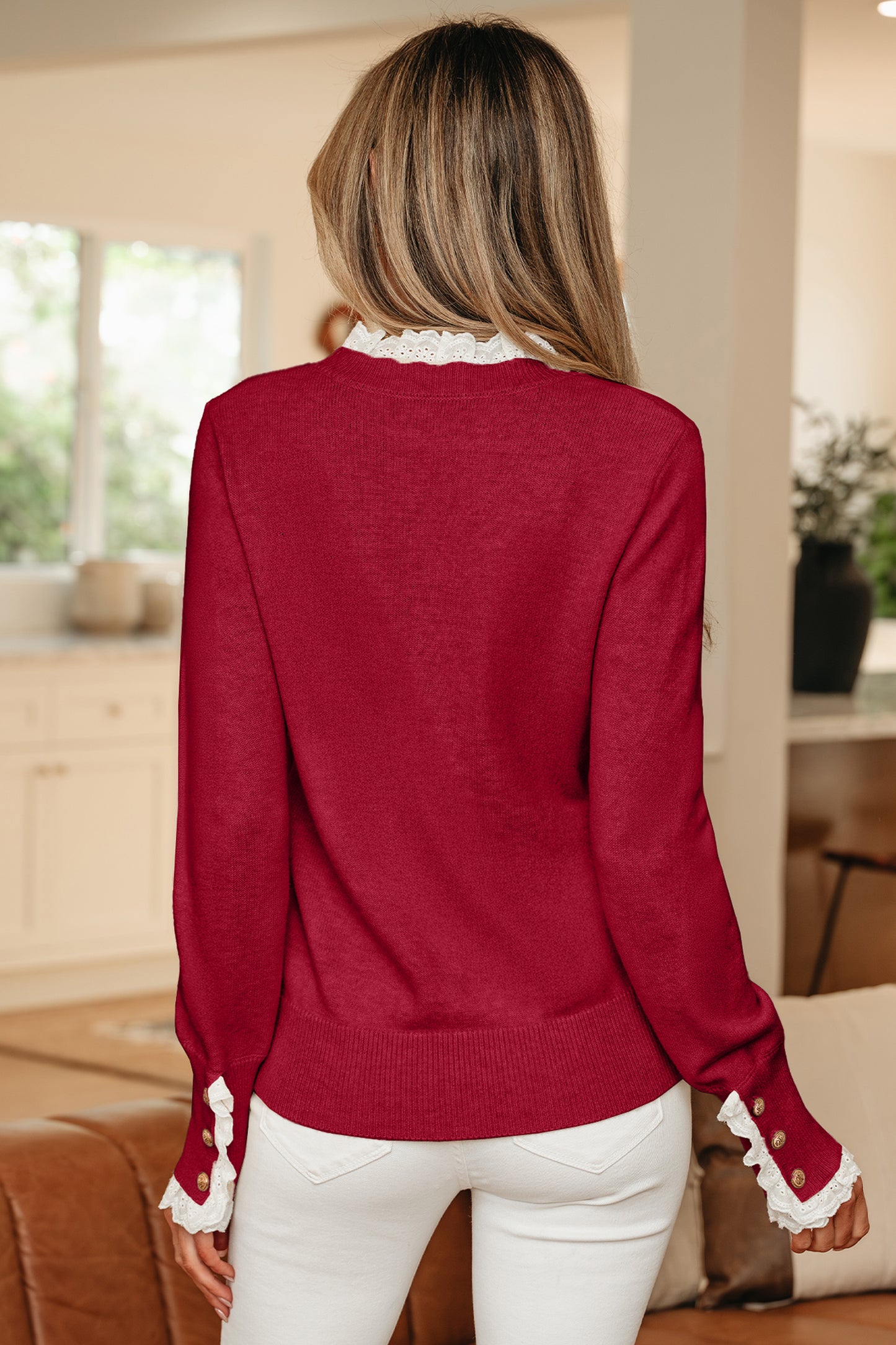 Racing Red Lace Trim Patchwork Buttoned Cuffs Loose Sweater-TOPS / DRESSES-[Adult]-[Female]-2022 Online Blue Zone Planet