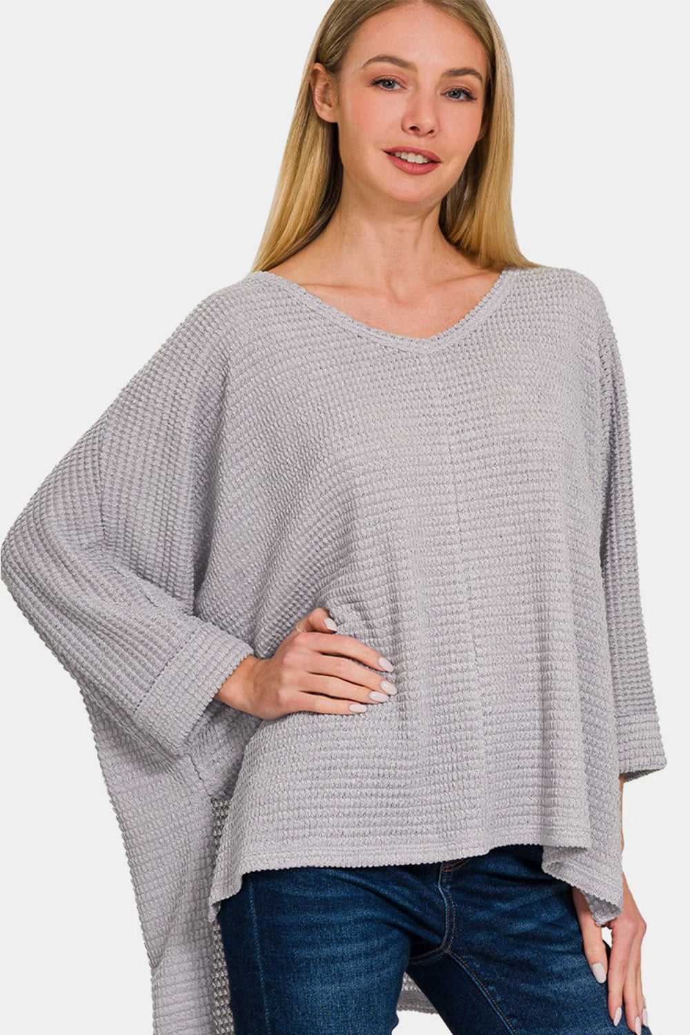 Zenana Waffle Knit V-Neck Long Sleeve Slit Top-TOPS / DRESSES-[Adult]-[Female]-Grey-S/M-2022 Online Blue Zone Planet