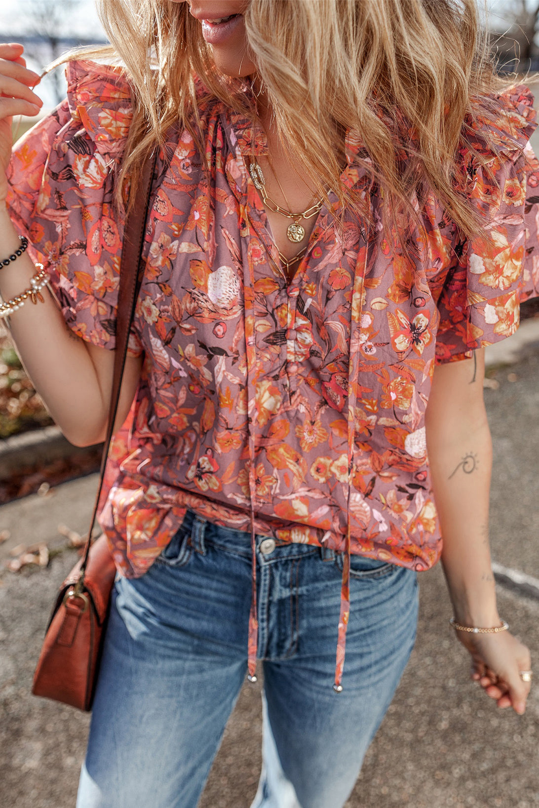 Orange Floral Print Ruffle Flutter Sleeve V Neck Blouse-Blouses-[Adult]-[Female]-2022 Online Blue Zone Planet