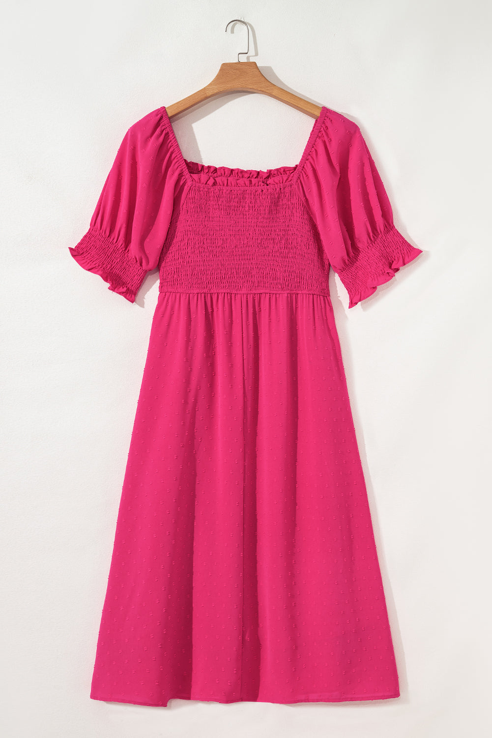 Sachet Pink Swiss Dot Smocked Frilled Neckline Short Sleeve Plus Size Dress-TOPS / DRESSES-[Adult]-[Female]-2022 Online Blue Zone Planet