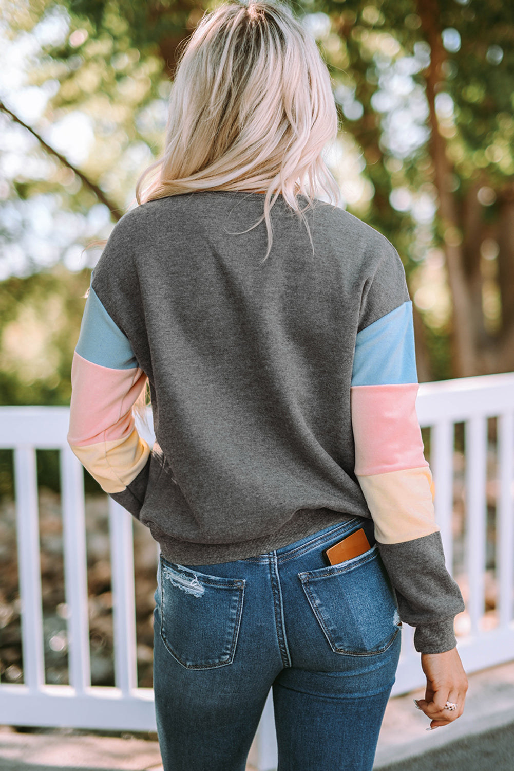 Gray Colorblock Long Sleeve Pullover Sweatshirt-Tops/Sweatshirts & Hoodies-[Adult]-[Female]-2022 Online Blue Zone Planet