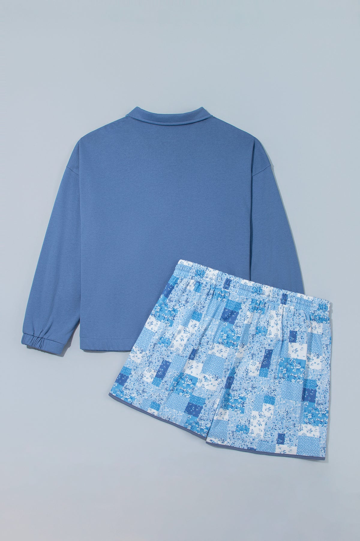 Blue Floral Patchwork V-Neck Long Sleeve Short Bottoms Plus Size Set-Plus Size/Plus Size Sweatshirts & Hoodies-[Adult]-[Female]-2022 Online Blue Zone Planet