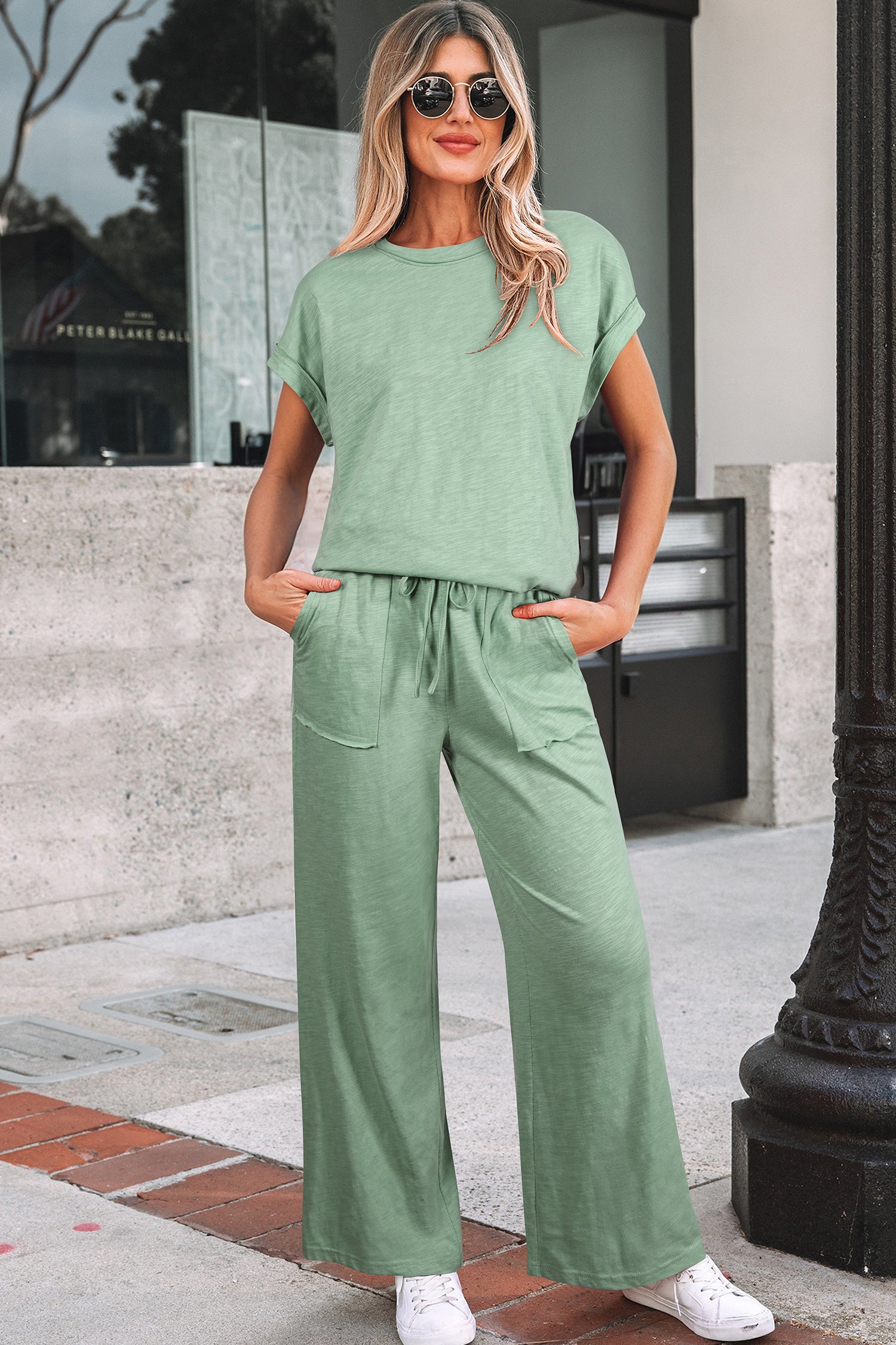 Canton Cuffed Short Sleeve Tee Raw Seam Patch Pocket Drawstring Pants Set-Two Piece Sets/Pant Sets-[Adult]-[Female]-Canton-S-2022 Online Blue Zone Planet