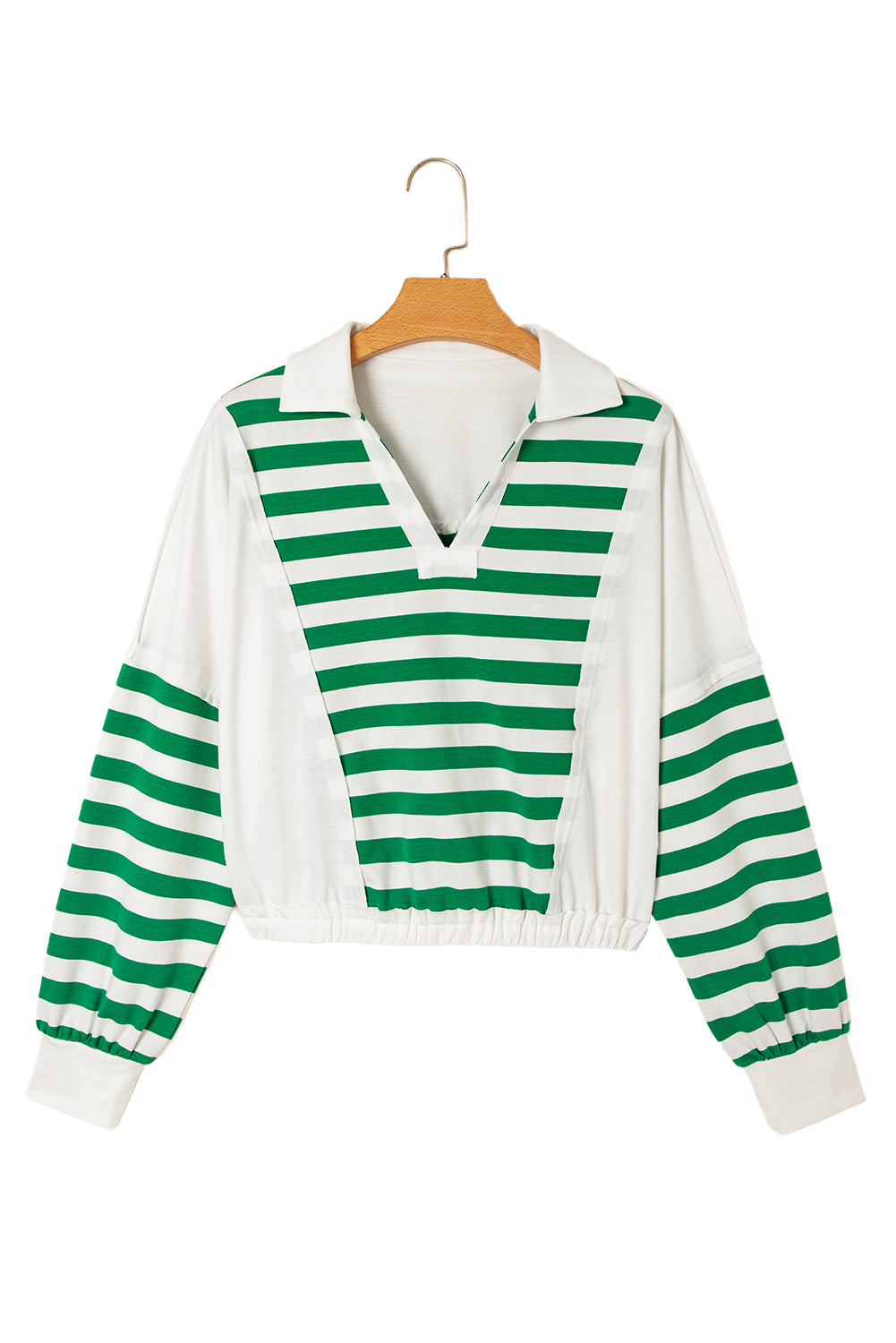 Green Stripe Colorblock Collared V Neck Cropped Knit Pullover-Tops/Long Sleeve Tops-[Adult]-[Female]-2022 Online Blue Zone Planet
