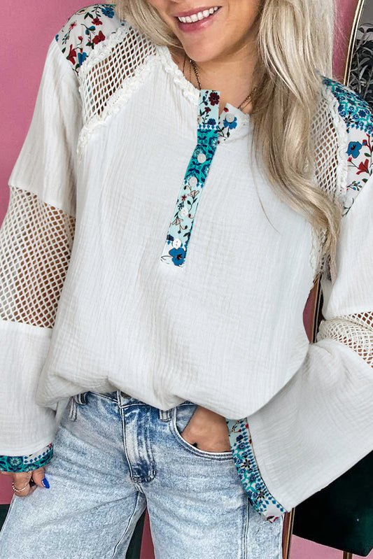 White Plant Mesh Patched Color Block Half Button Blouse-Tops/Blouses & Shirts-[Adult]-[Female]-White-S-2022 Online Blue Zone Planet