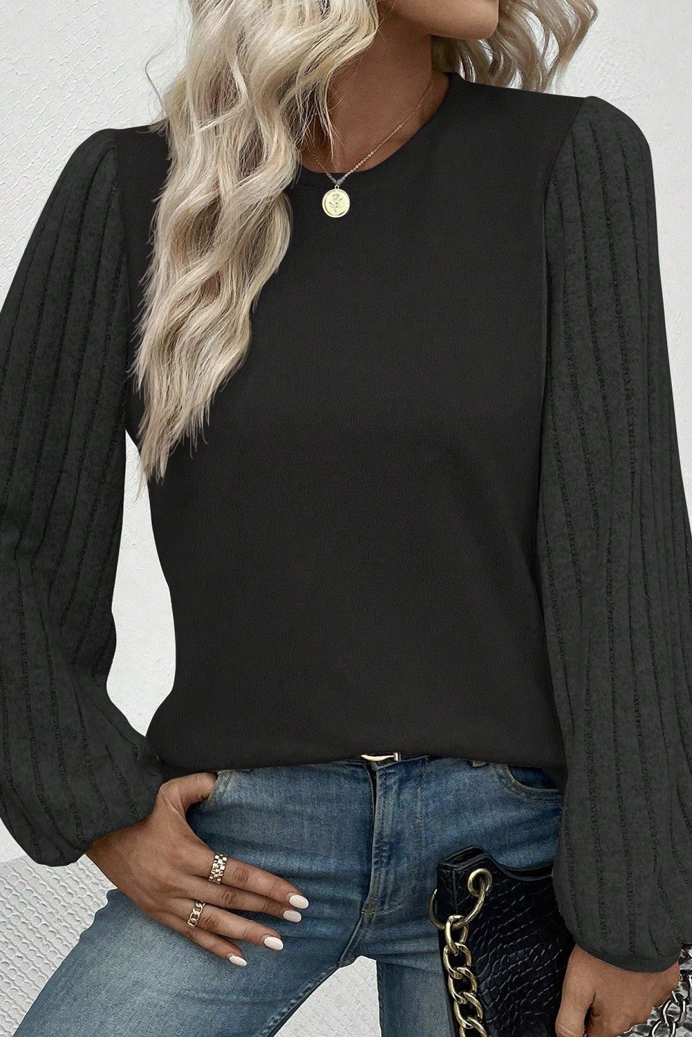 Ribbed Round Neck Long Sleeve Knit Top BLUE ZONE PLANET