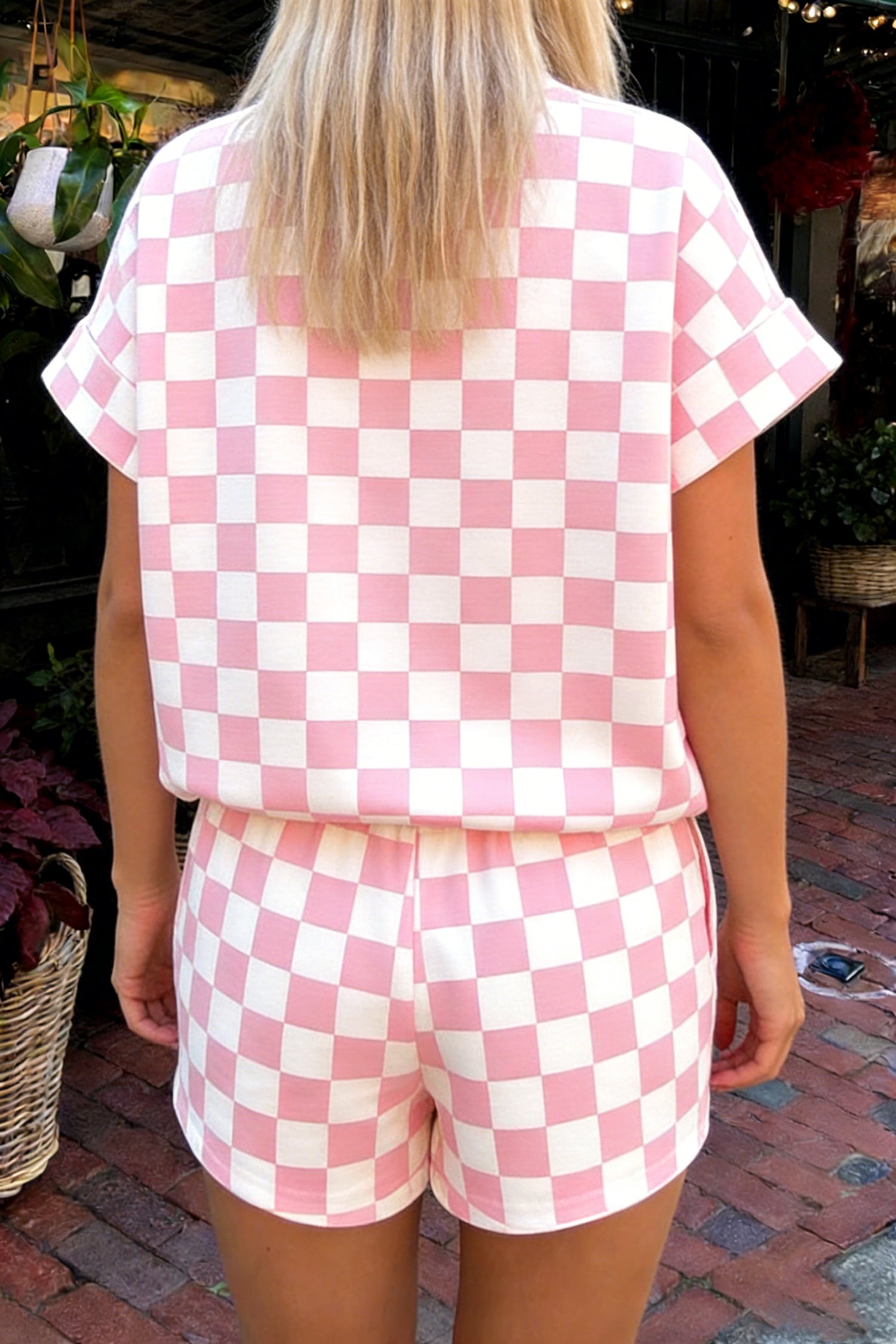 Pink Checkered Print Color Block Trim Mock Neck Short Set-Two Piece Sets/Short Sets-[Adult]-[Female]-2022 Online Blue Zone Planet