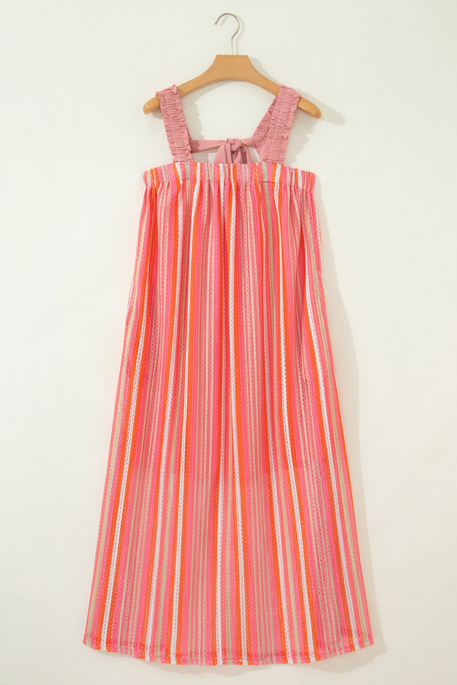 Pink Stripe Ruffled Straps Ribbon Knot Flowy Vacation Maxi Dress-TOPS / DRESSES-[Adult]-[Female]-2022 Online Blue Zone Planet