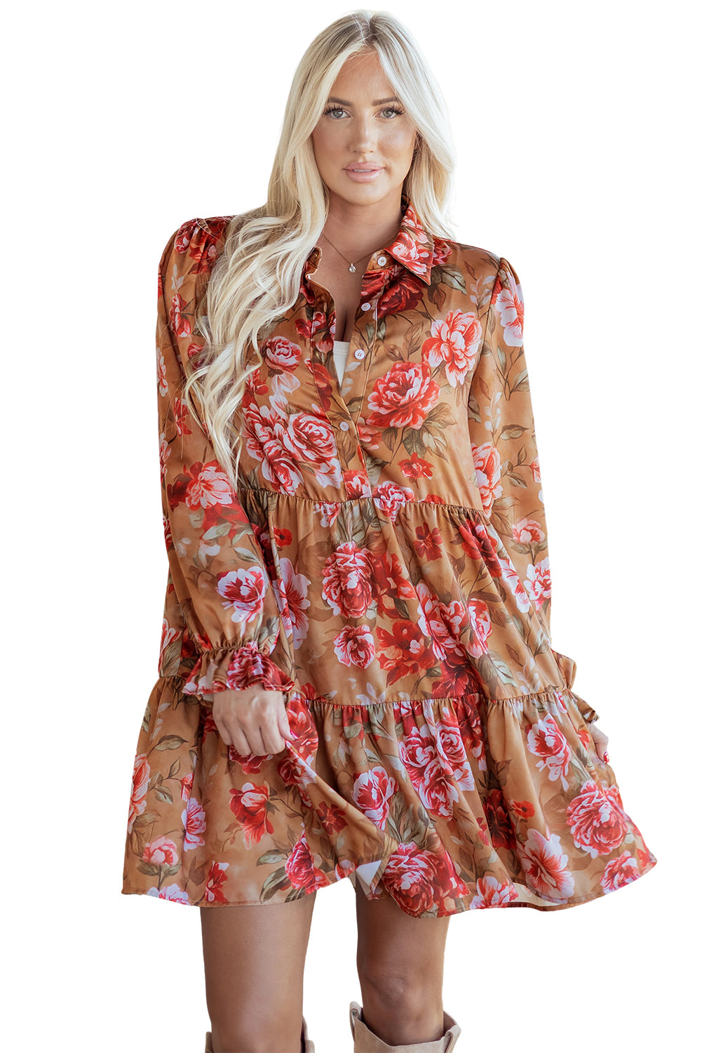 Brown Vintage Floral Print Shirt Style Half Button Long Sleeve Ruffle Mini Dress-Dresses/Floral Dresses-[Adult]-[Female]-2022 Online Blue Zone Planet