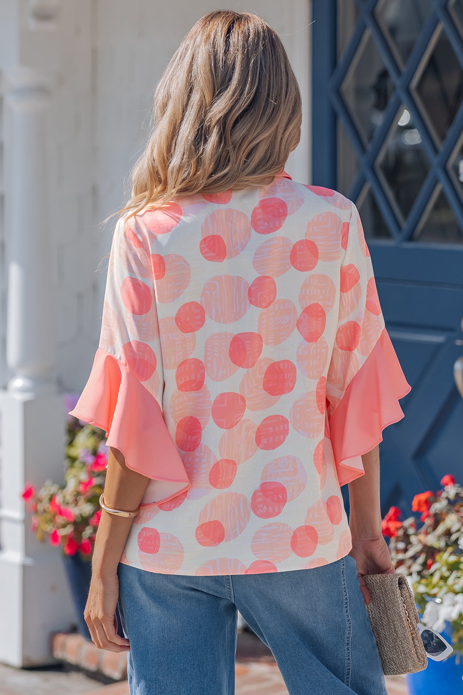 Pink Double Polka Dot Printed Ruffle Trim Short Sleeve Babydoll Shirt-Tops/Blouses & Shirts-[Adult]-[Female]-2022 Online Blue Zone Planet