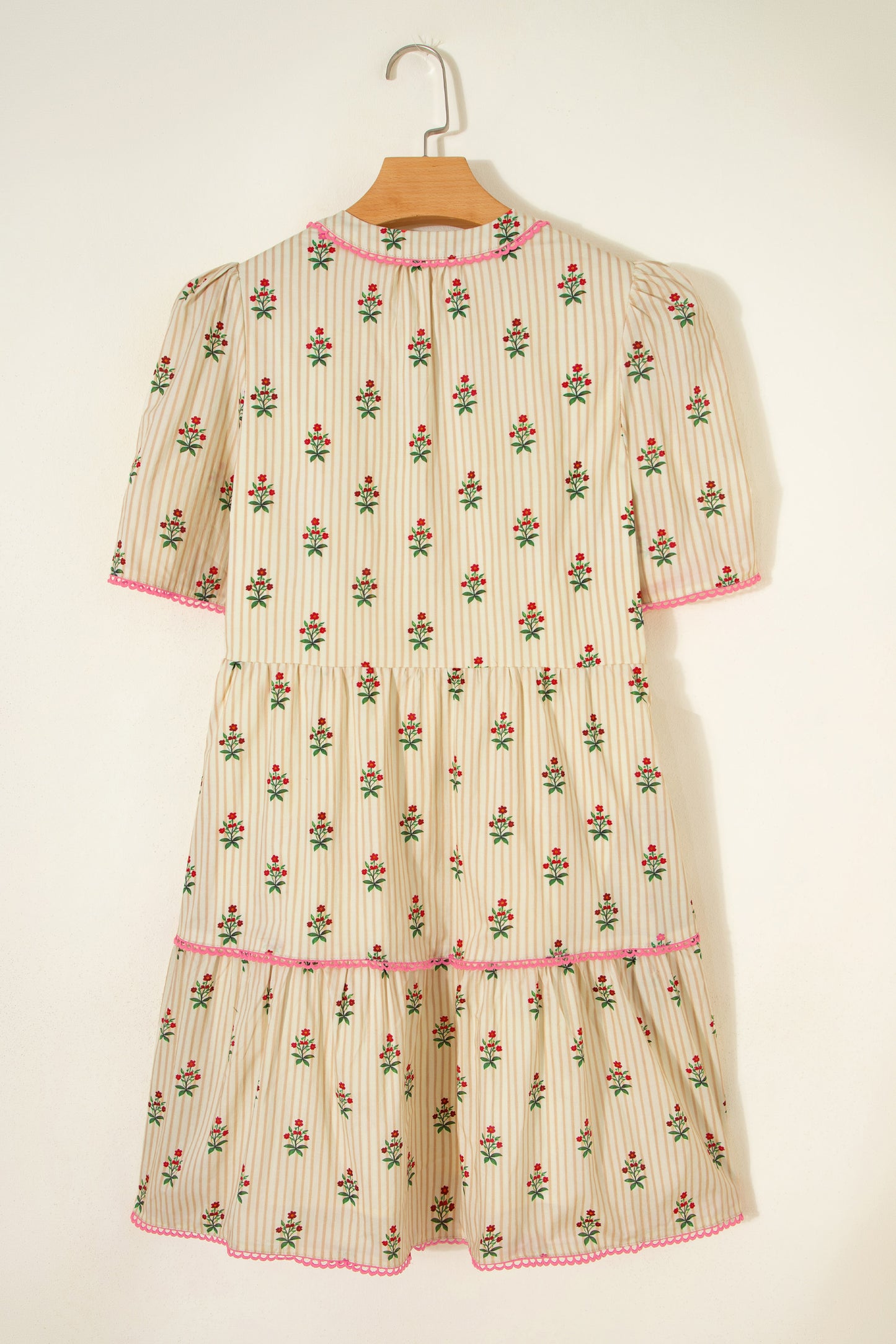 Apricot Striped Floral Print Contrast Detail Ruffle Hem Short Dress-TOPS / DRESSES-[Adult]-[Female]-2022 Online Blue Zone Planet