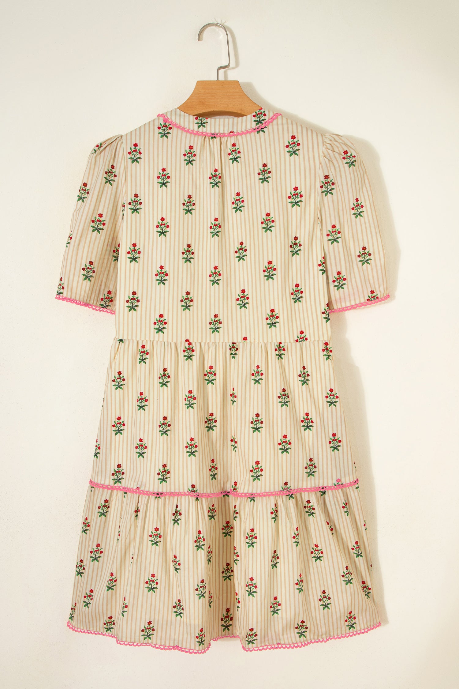 Apricot Striped Floral Print Contrast Detail Ruffle Hem Short Dress-TOPS / DRESSES-[Adult]-[Female]-2022 Online Blue Zone Planet