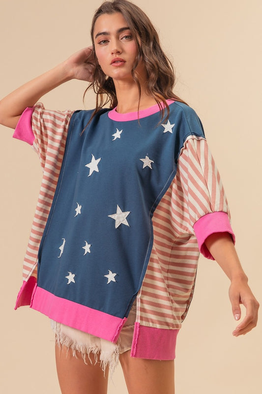 BiBi US Flag Theme Color Block Star Patch T-Shirt-TOPS / DRESSES-[Adult]-[Female]-Navy Multi-S-2022 Online Blue Zone Planet