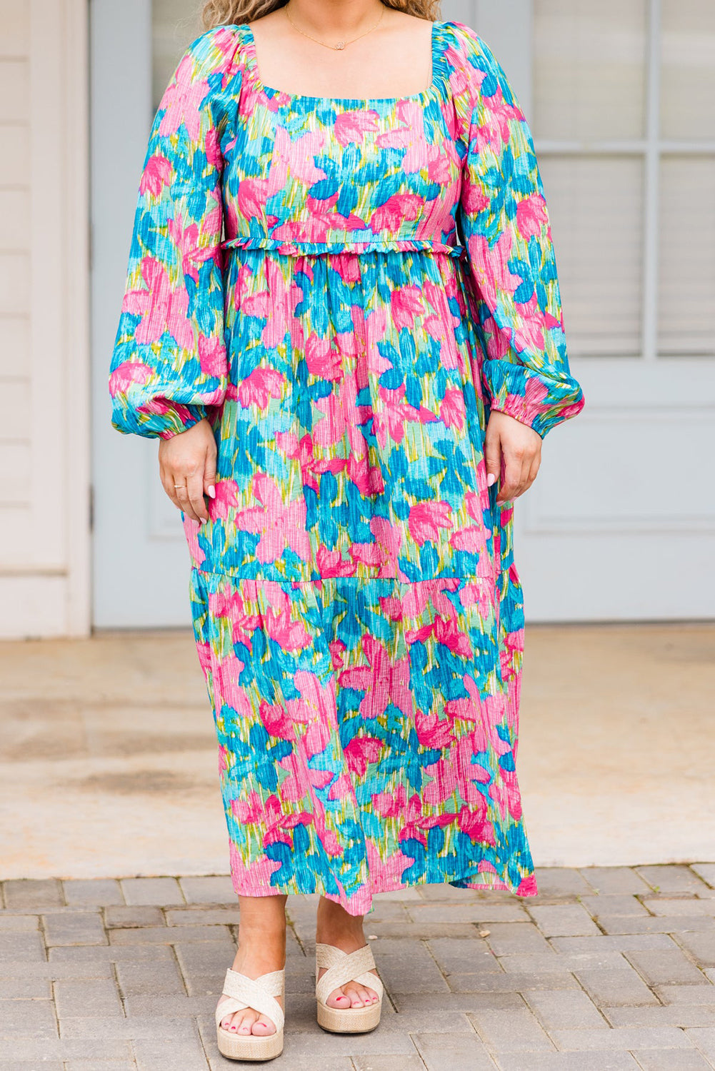 Sky Blue Floral Allover Print Shirred Square Neck Plus Size Maxi Dress-Plus Size/Plus Size Dresses/Plus Size Maxi Dresses-[Adult]-[Female]-2022 Online Blue Zone Planet