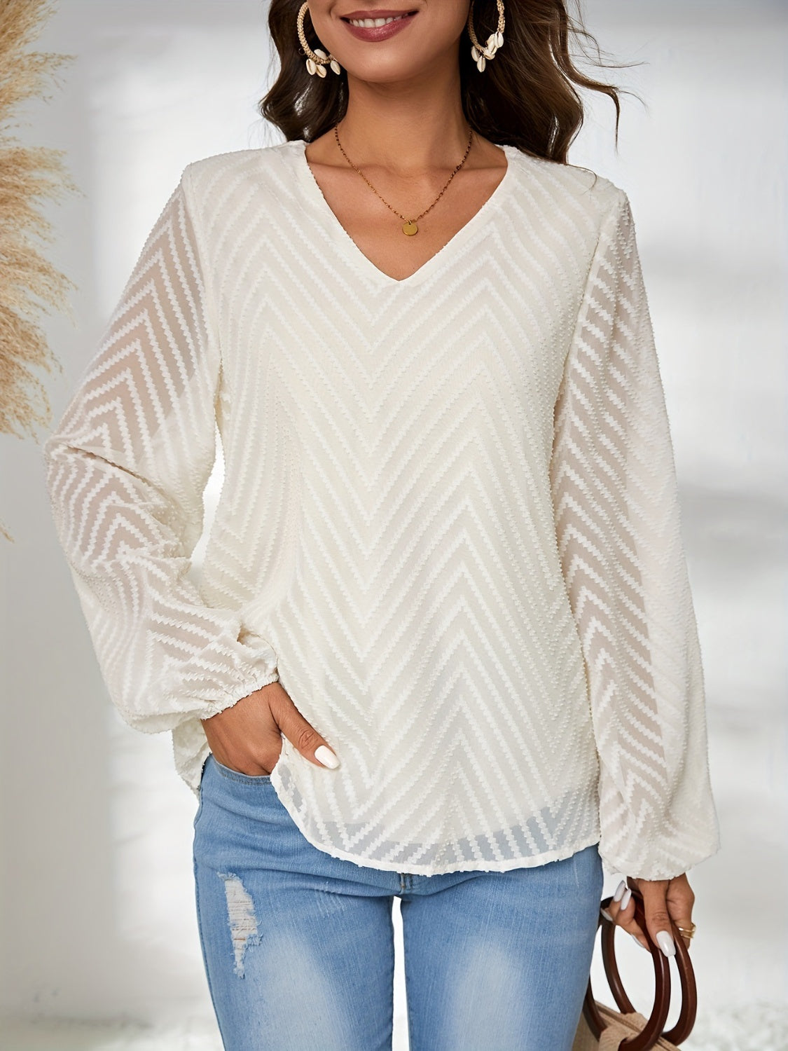 Textured V-Neck Balloon Sleeve Blouse-TOPS / DRESSES-[Adult]-[Female]-White-S-2022 Online Blue Zone Planet