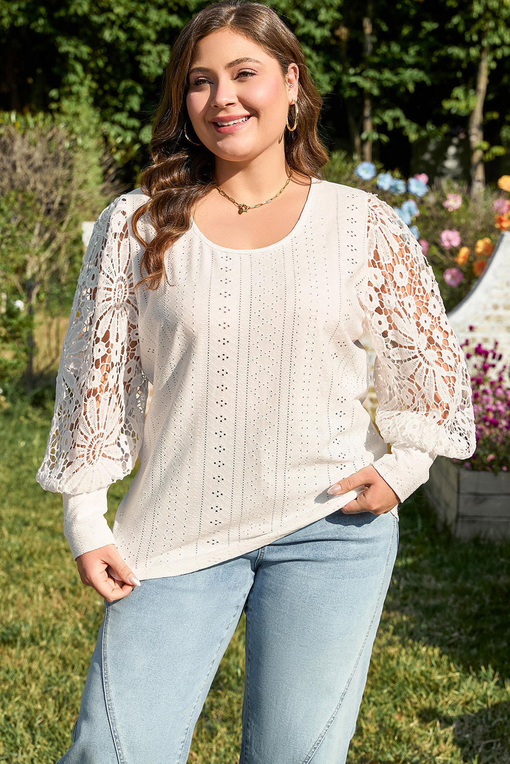 Blue Zone Planet | Apricot Contrast Floral Guipure Lace Lantern Sleeve U Neck Plus Size Blouse-Plus Size/Plus Size Tops/Plus Size Blouses & Shirts-[Adult]-[Female]-2022 Online Blue Zone Planet