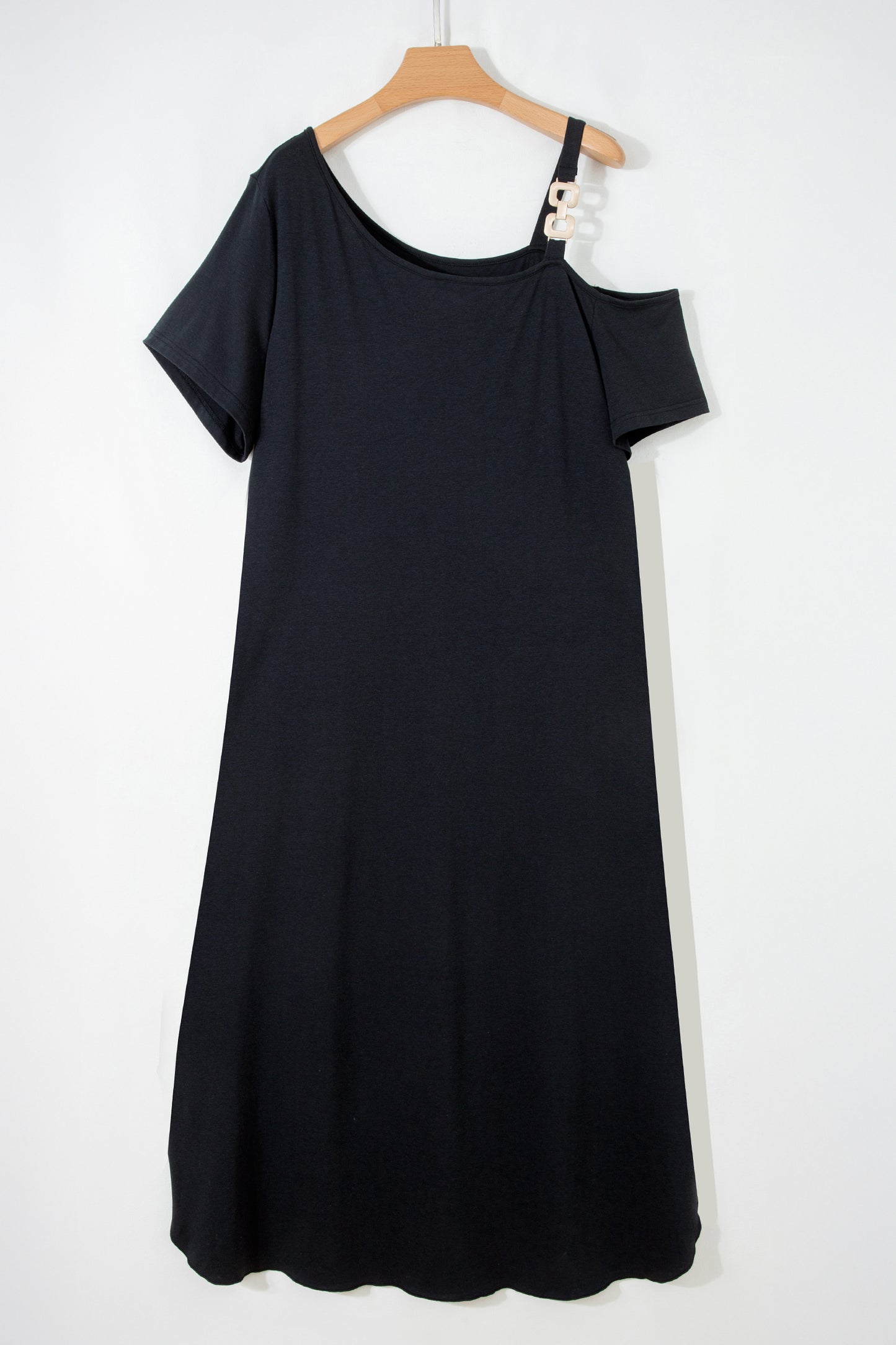 Black Asymmetric Shoulder Detail Short Sleeve Plus Size Maxi Dress-Plus Size/Plus Size Dresses/Plus Size Maxi Dresses-[Adult]-[Female]-2022 Online Blue Zone Planet