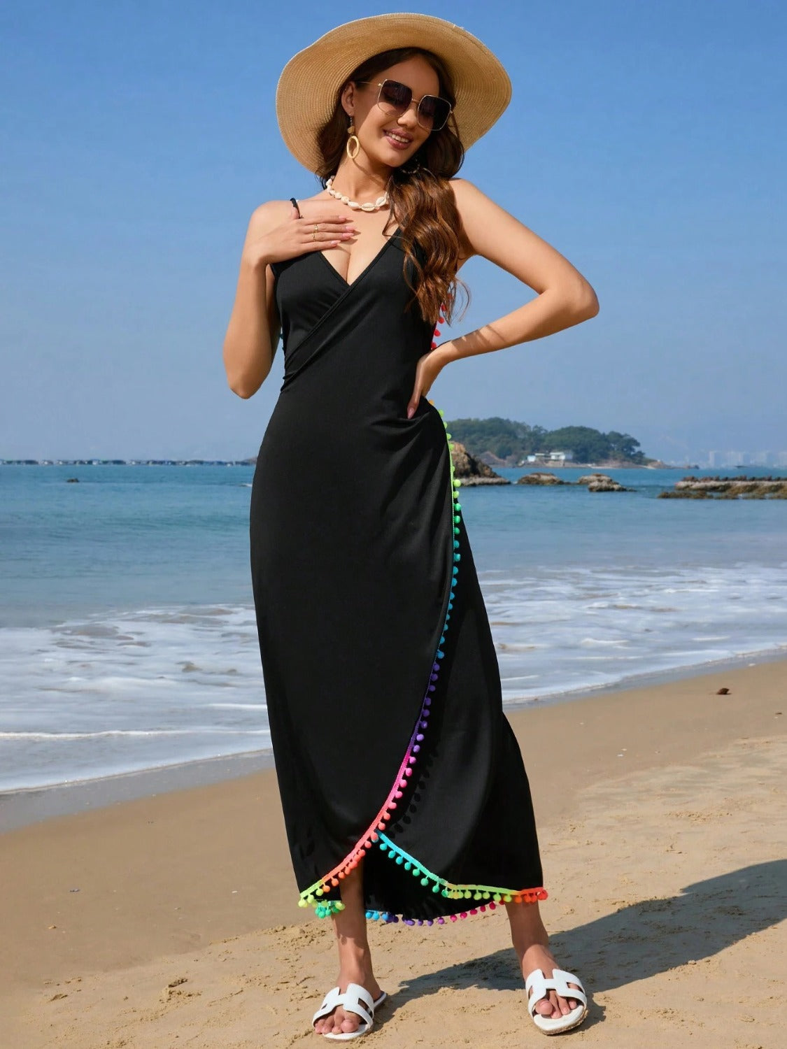 Rainbow Pompom Trim Spaghetti Strap Cover-Up-TOPS / DRESSES-[Adult]-[Female]-2022 Online Blue Zone Planet