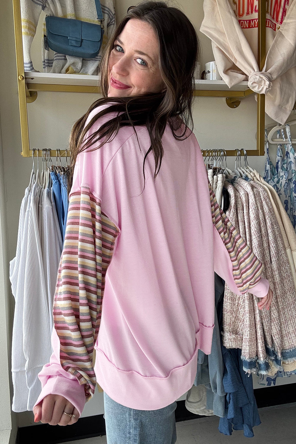 Pink Exposed Seam Color Block Striped Patchwork Loose Henley Sweatshirt-Tops/Sweatshirts & Hoodies-[Adult]-[Female]-2022 Online Blue Zone Planet