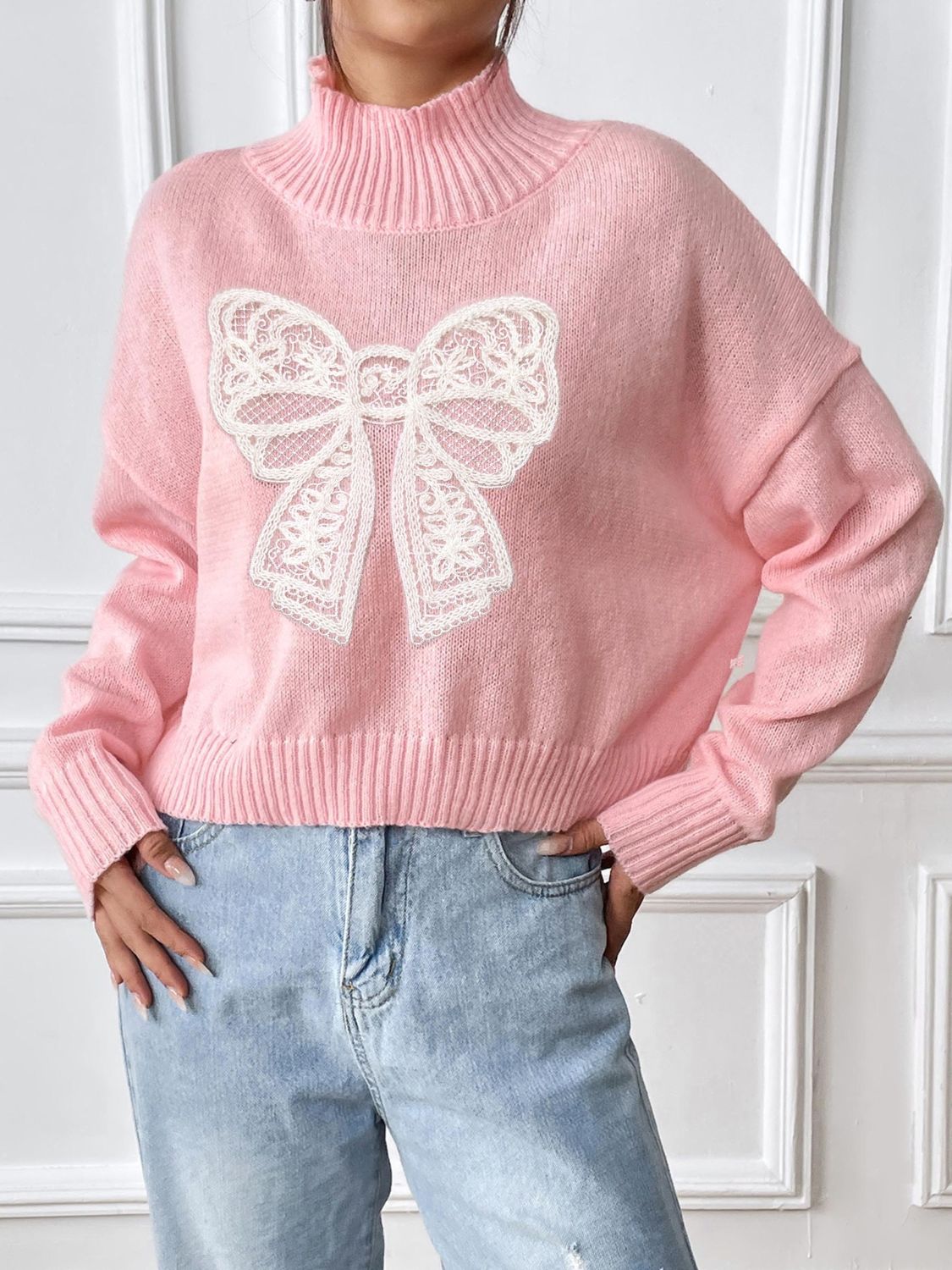 Bow Turtleneck Long Sleeve Sweater-TOPS / DRESSES-[Adult]-[Female]-Blush Pink-S-2022 Online Blue Zone Planet