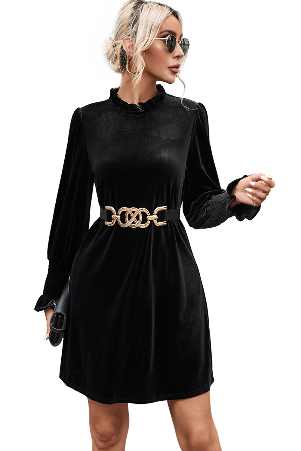 Blue Zone Planet | Black Velvet Frill Neck Long Sleeve Shift Dress-TOPS / DRESSES-[Adult]-[Female]-2022 Online Blue Zone Planet