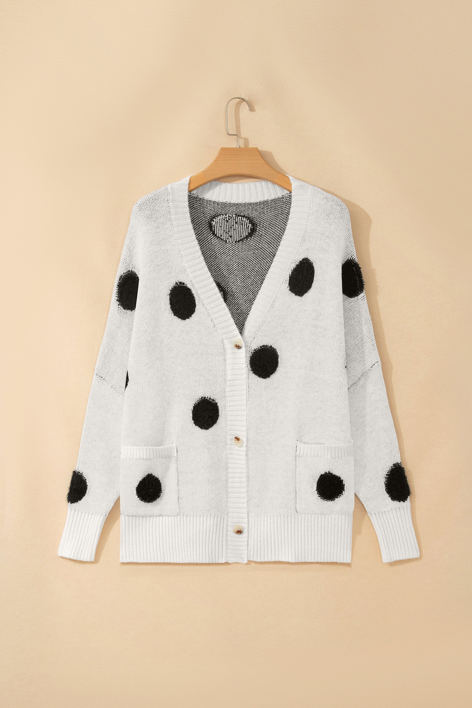 Beige Polka Dot Button Front Oversized V Neck Cardigan-Sweaters & Cardigans/Cardigans-[Adult]-[Female]-2022 Online Blue Zone Planet