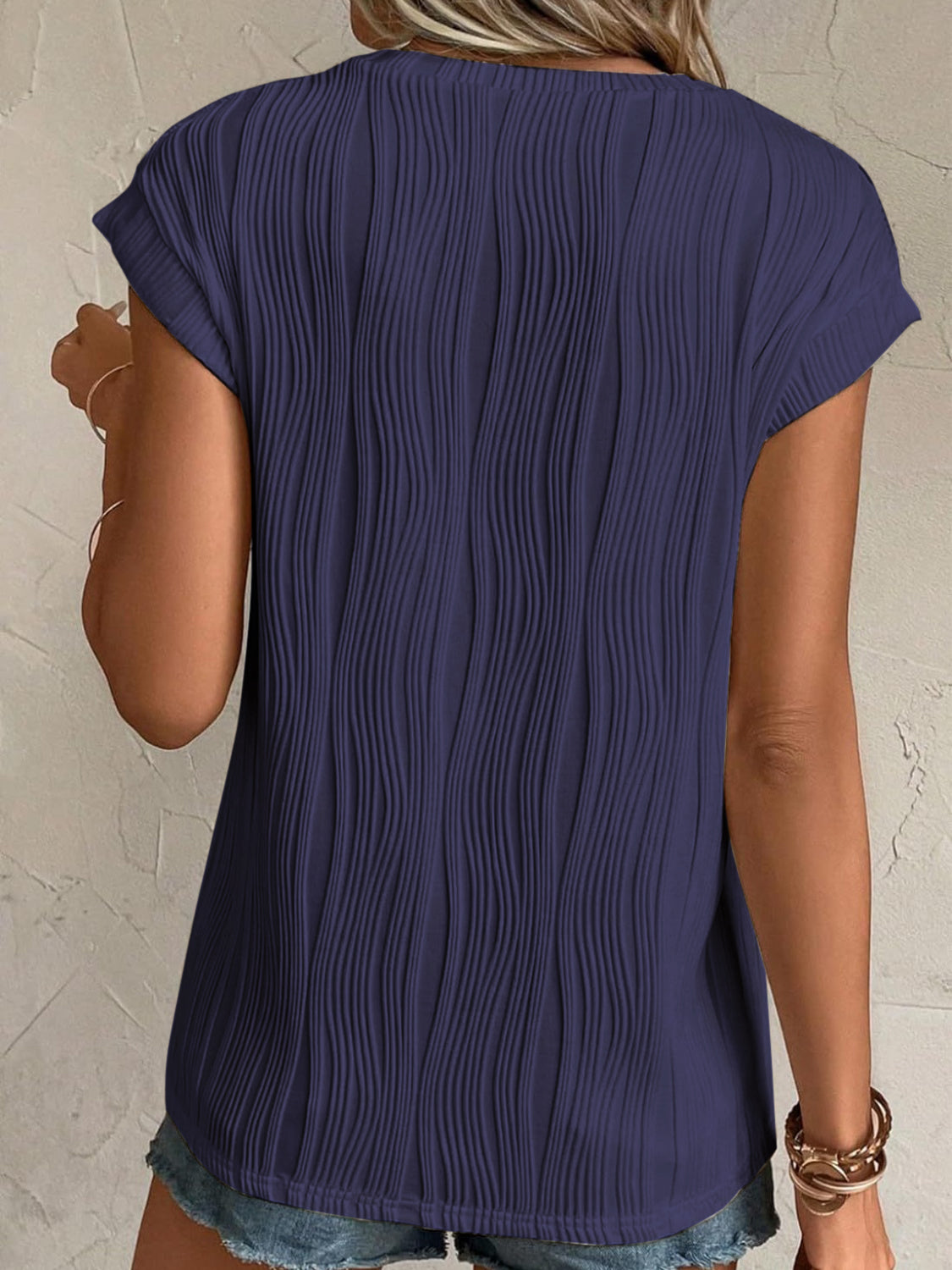 Textured Round Neck Cap Sleeve T-Shirt-TOPS / DRESSES-[Adult]-[Female]-2022 Online Blue Zone Planet