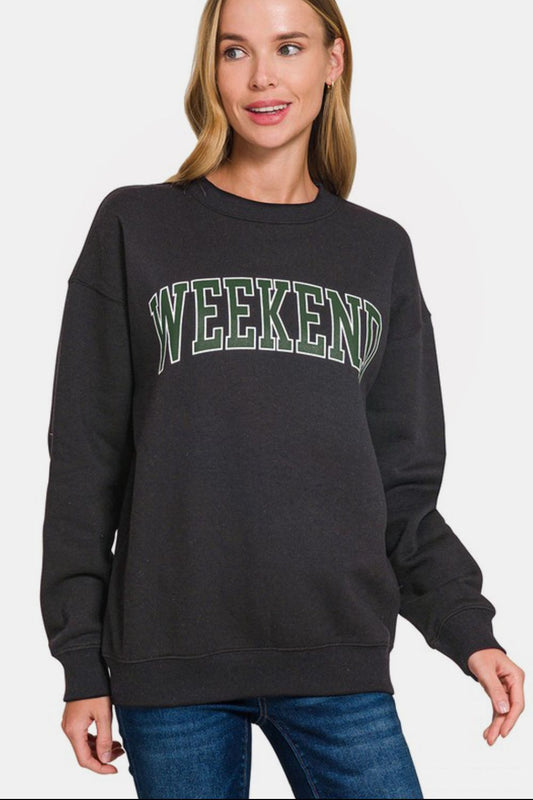 Zenana WEEKEND Round Neck Dropped Shoulder Sweatshirt-TOPS / DRESSES-[Adult]-[Female]-Black-S-2022 Online Blue Zone Planet