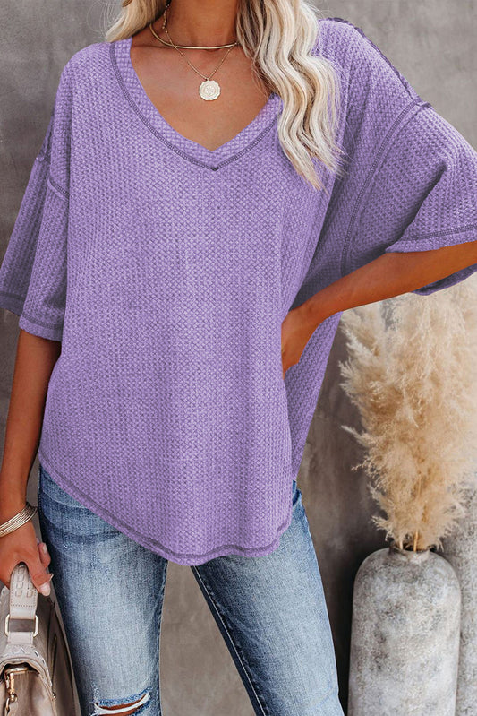 Purple Exposed Seam Half Sleeve Knitted V Neck Textured Top-Tops/Tops & Tees-[Adult]-[Female]-Purple-XS-2022 Online Blue Zone Planet