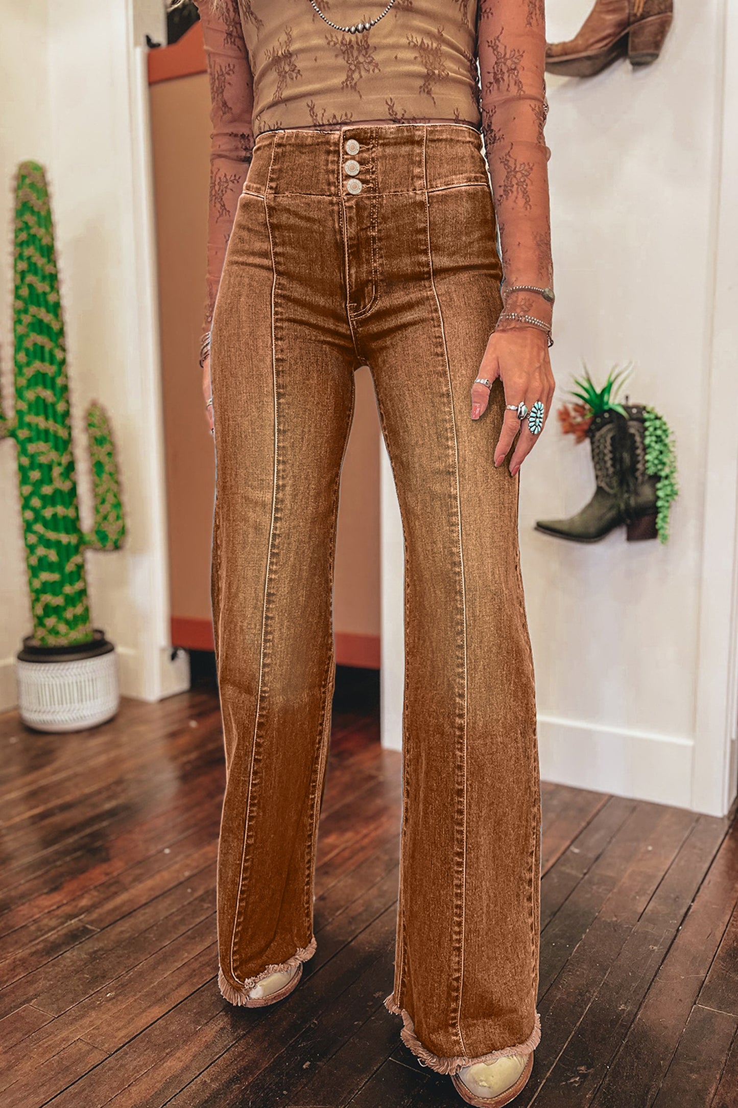 Coffee High Waist Button Fly Seamed Raw Hem Flare Jeans-Bottoms/Jeans-[Adult]-[Female]-Coffee-4-2022 Online Blue Zone Planet