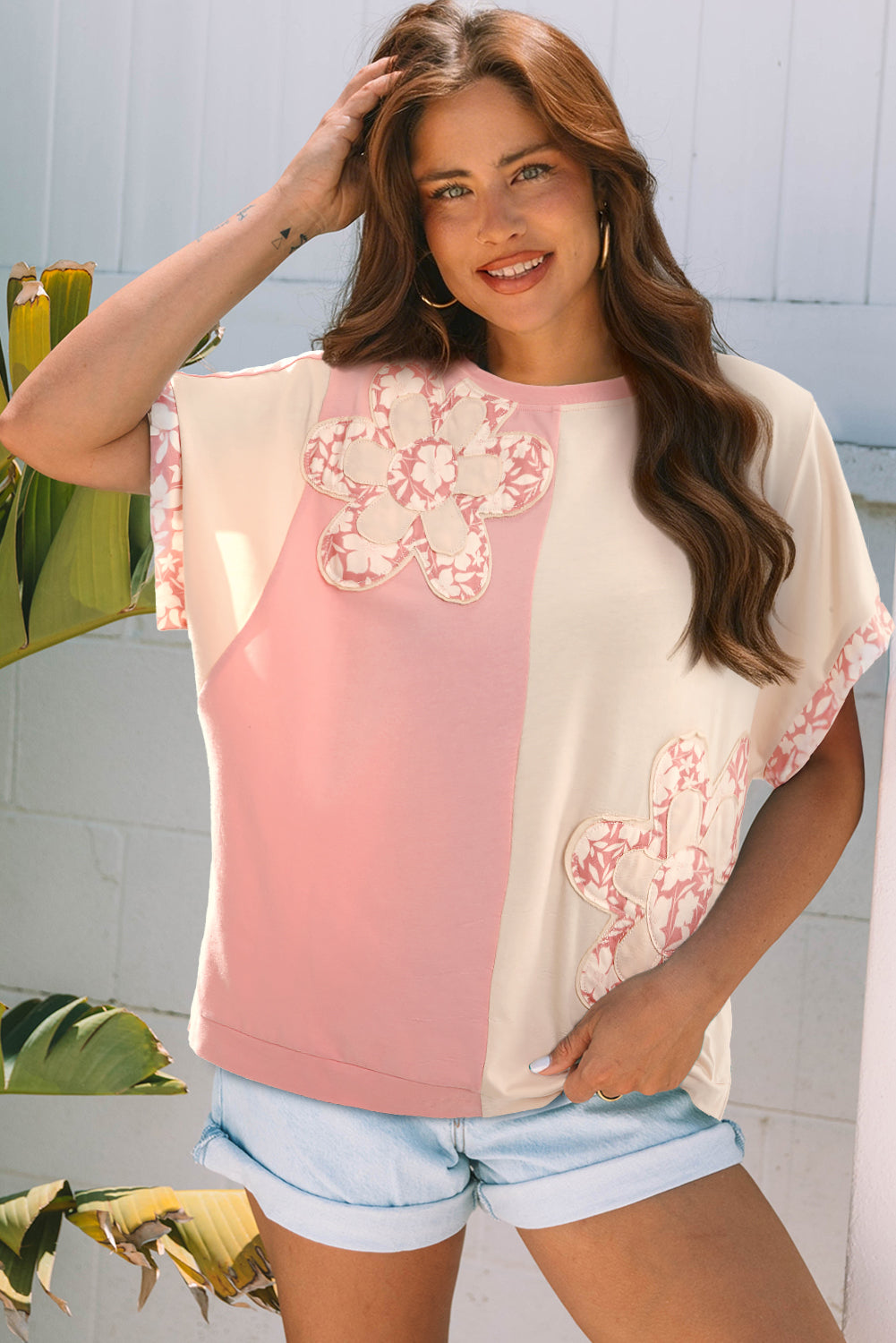 Apricot Color Block Flower Patched Loose T Shirt-Tops/Tops & Tees-[Adult]-[Female]-2022 Online Blue Zone Planet