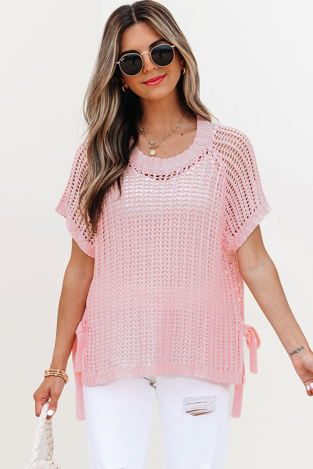 Pink Hollow-Out Crochet Side Tied Short Sleeve Sweater-TOPS / DRESSES-[Adult]-[Female]-2022 Online Blue Zone Planet