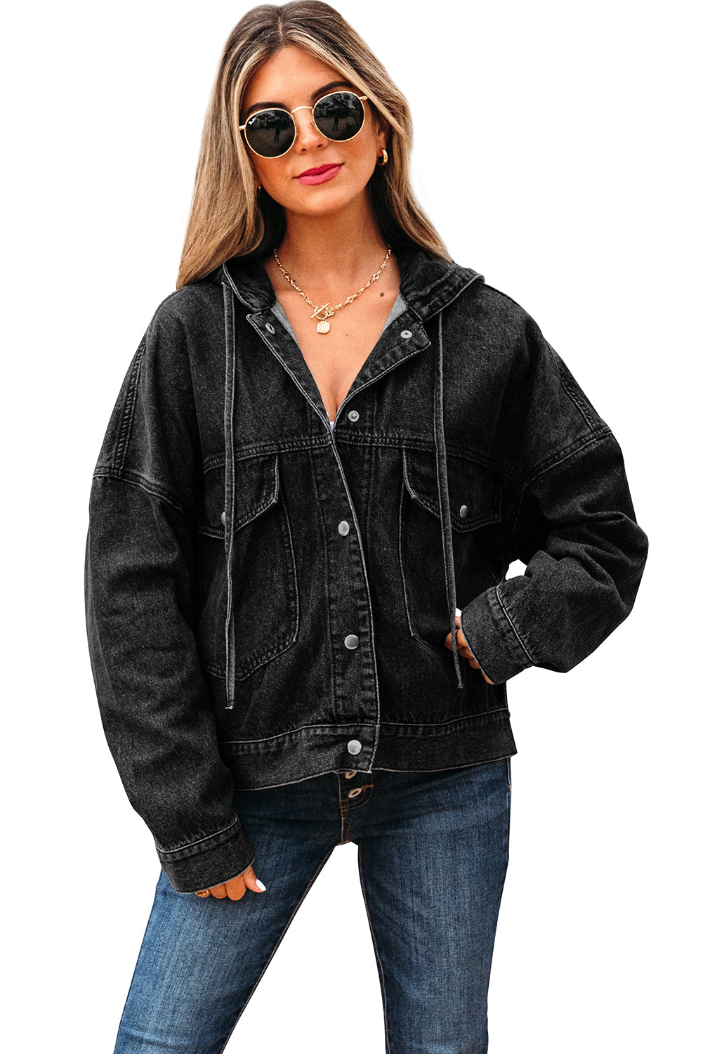 Black Big Chest Pocket Drop Shoulder Hooded Denim Jacket-Tops / Dresses-[Adult]-[Female]-2022 Online Blue Zone Planet