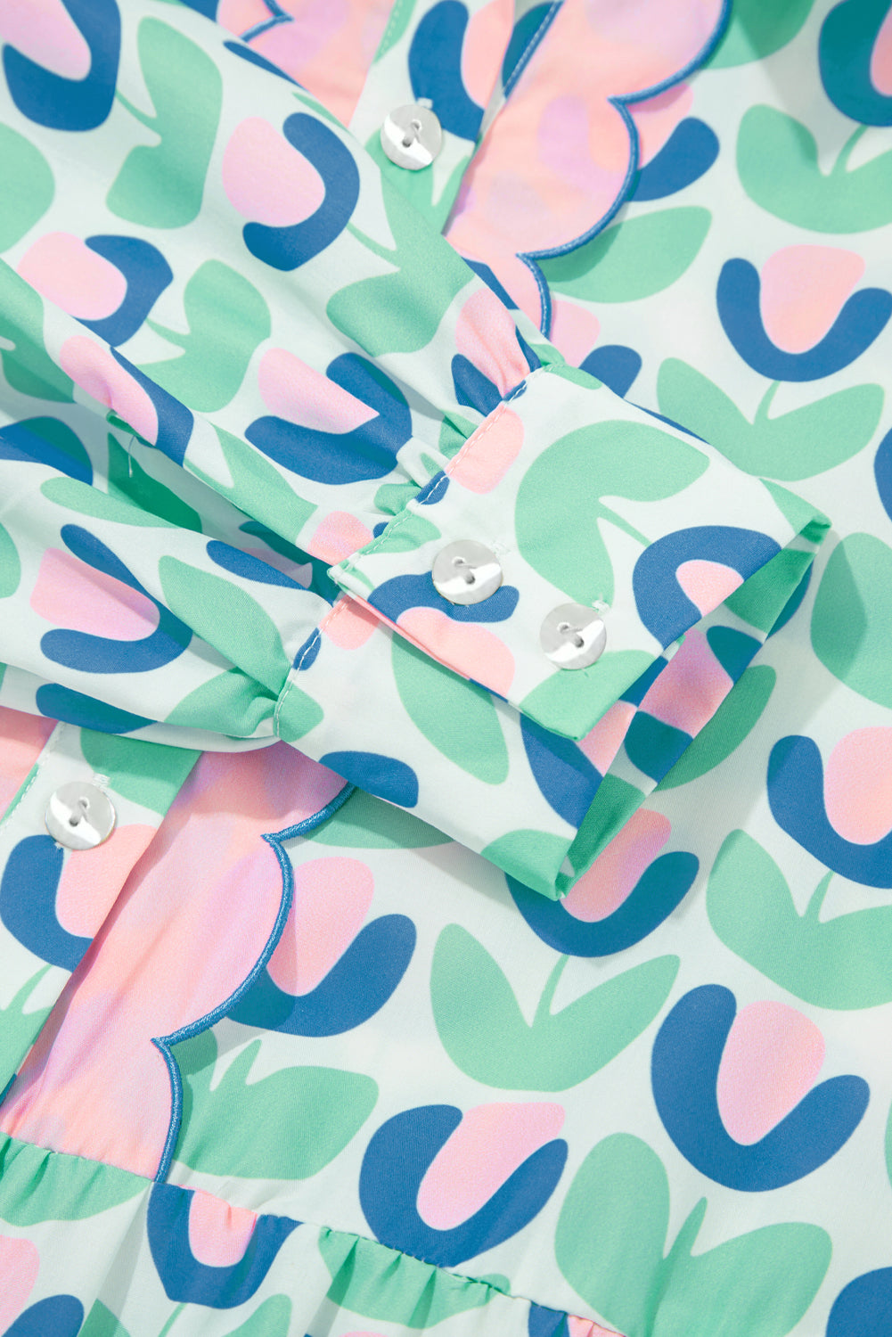 Green Floral Print Notched Neck Scalloped Detail Long Sleeve Mini Dress-TOPS / DRESSES-[Adult]-[Female]-2022 Online Blue Zone Planet
