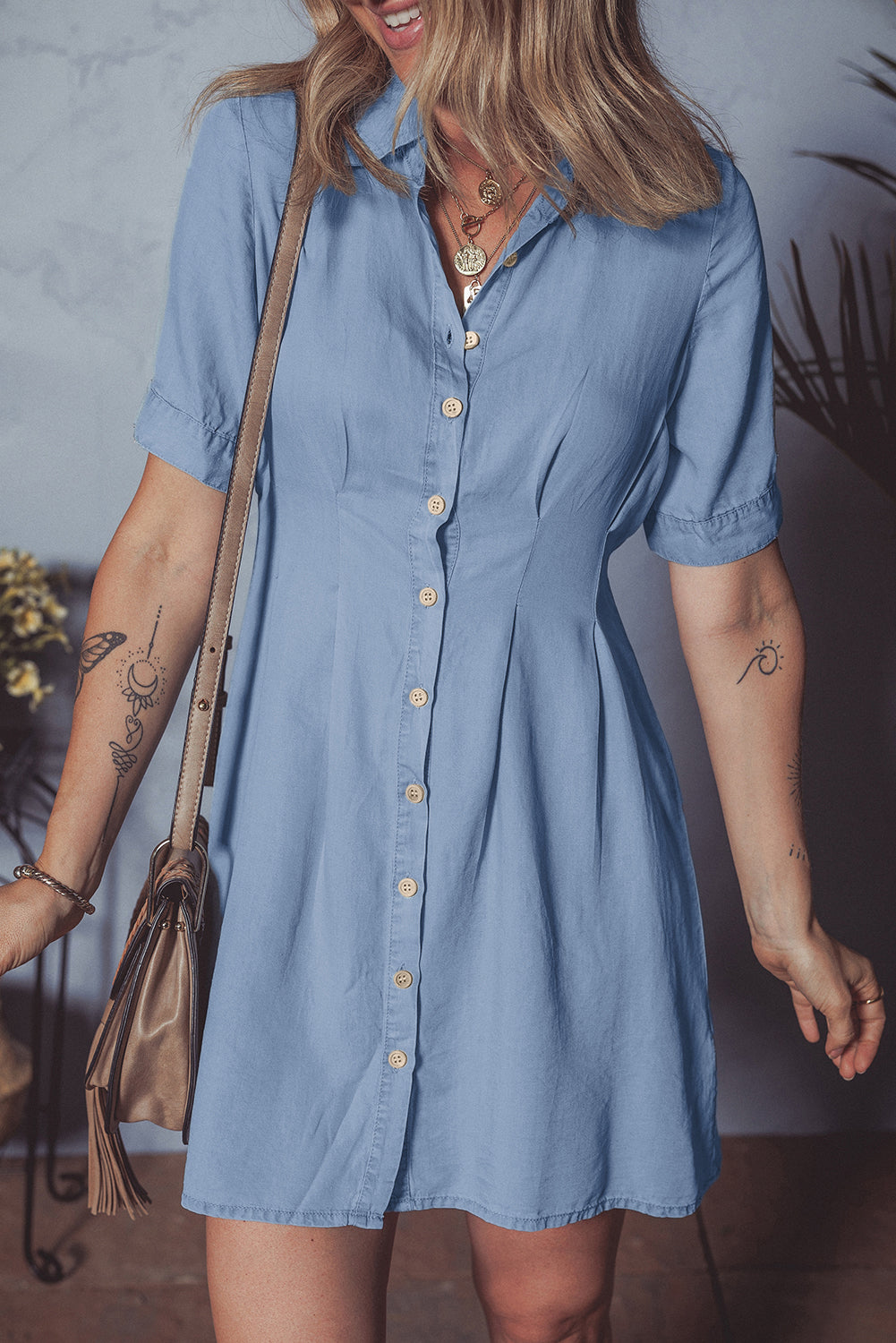 Myosotis Denim Pleated Slim Waist Short Sleeve Shirt Dress-TOPS / DRESSES-[Adult]-[Female]-Myosotis-S-2022 Online Blue Zone Planet