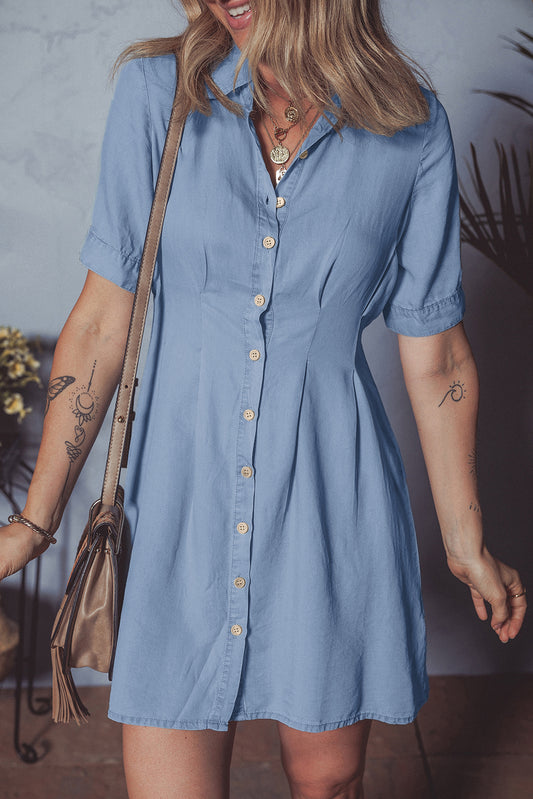 Myosotis Denim Pleated Slim Waist Short Sleeve Shirt Dress-TOPS / DRESSES-[Adult]-[Female]-Myosotis-S-2022 Online Blue Zone Planet