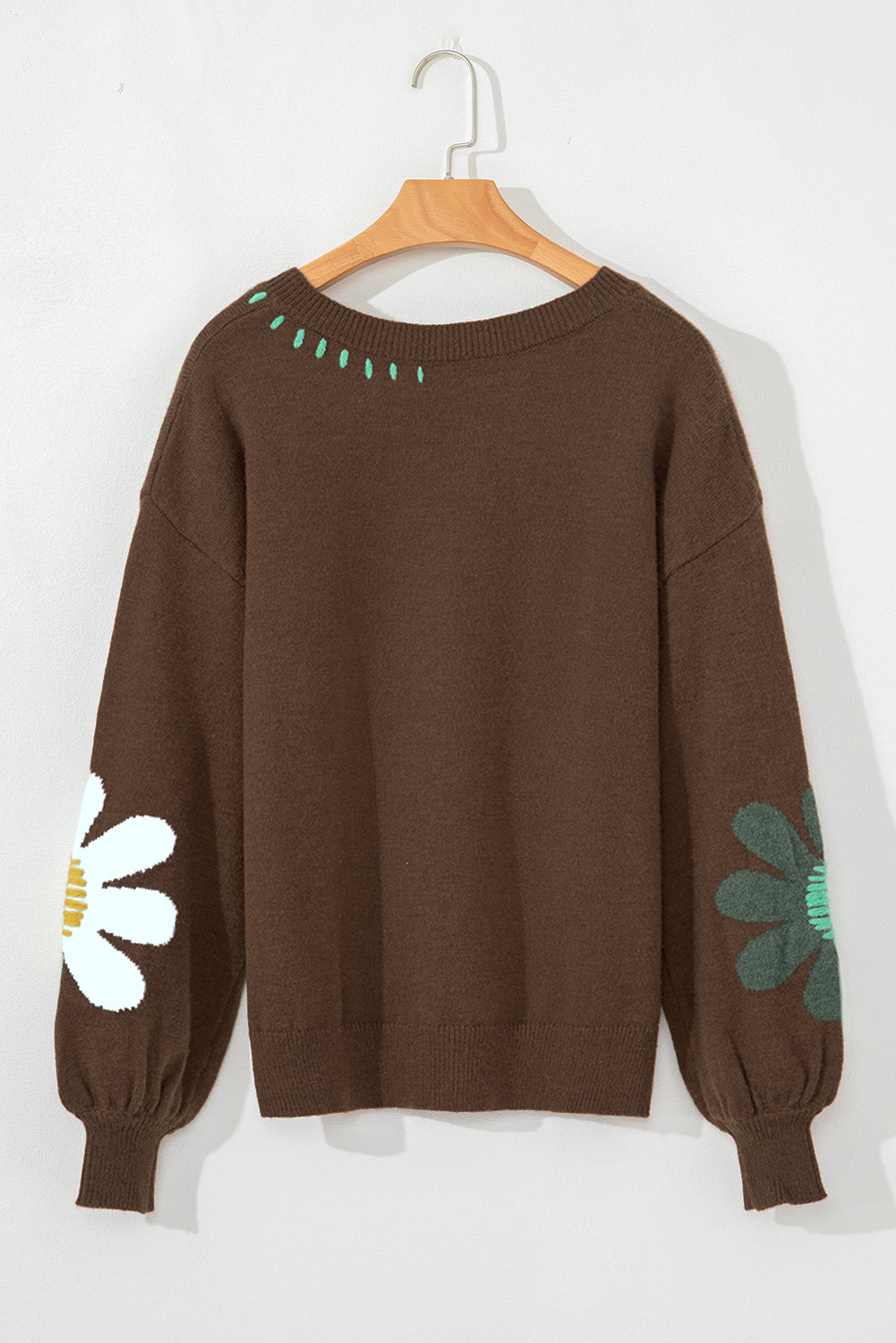 Blue Zone Planet | White Big Flower Pattern V Neck Drop Shoulder Sweater-Sweaters & Cardigans/Sweaters-[Adult]-[Female]-2022 Online Blue Zone Planet